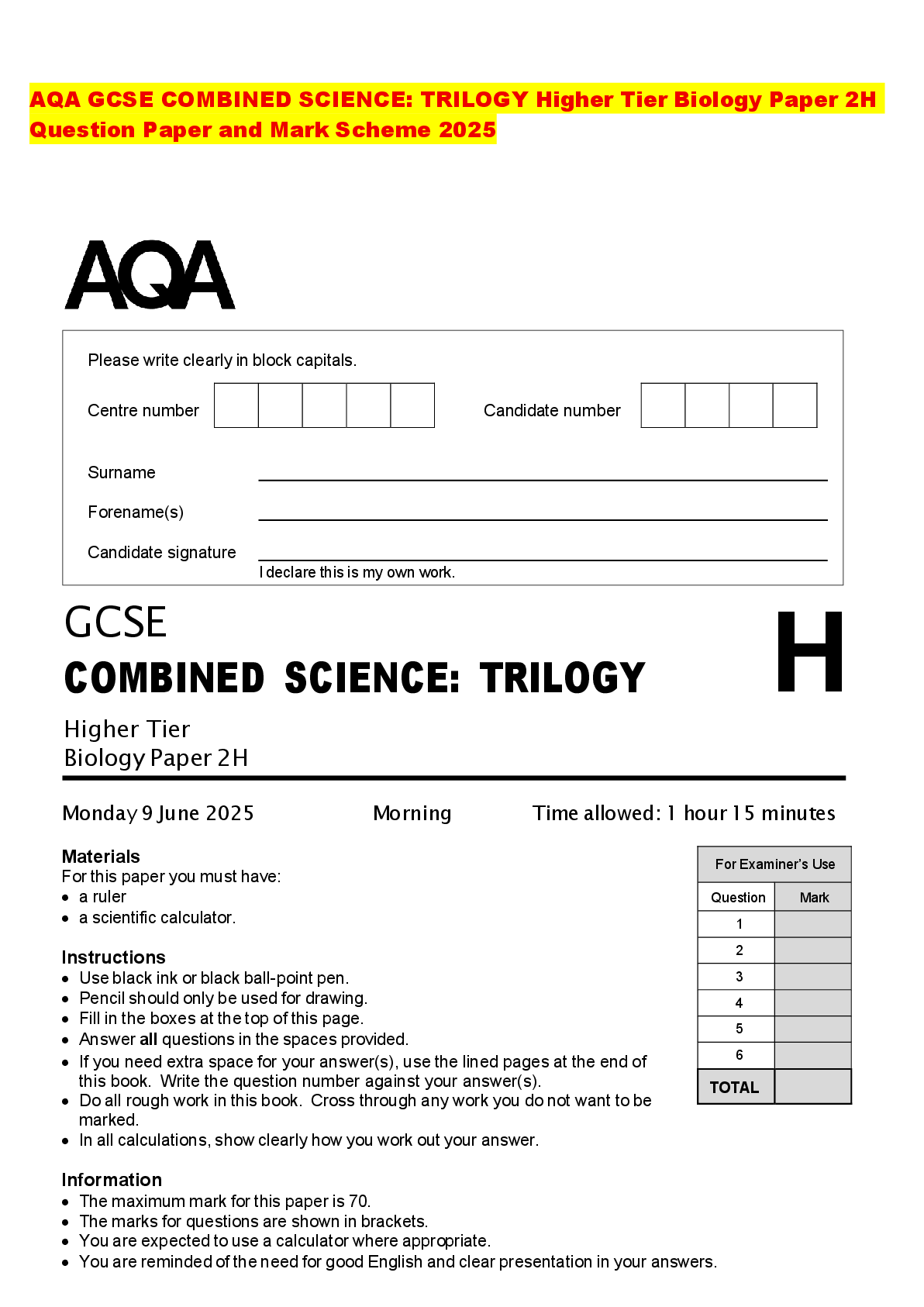 Recommended document preview for AQA GCSE COMBINED SCIENCE: TRILOGY Higher Tier Biology Paper 2H Question Paper and Mark Scheme 2025