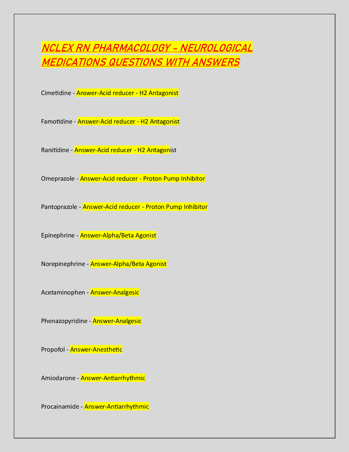 Recommended document preview for NCLEX RN PHARMACOLOGY - NEUROLOGICAL  MEDICATIONS QUESTIONS WITH ANSWERS