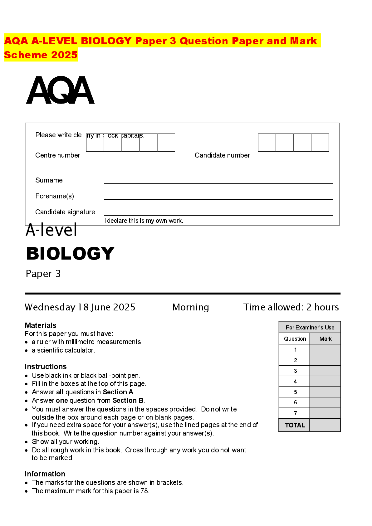 Recommended document preview for AQA A-LEVEL BIOLOGY Paper 3 Question Paper and Mark Scheme 2025