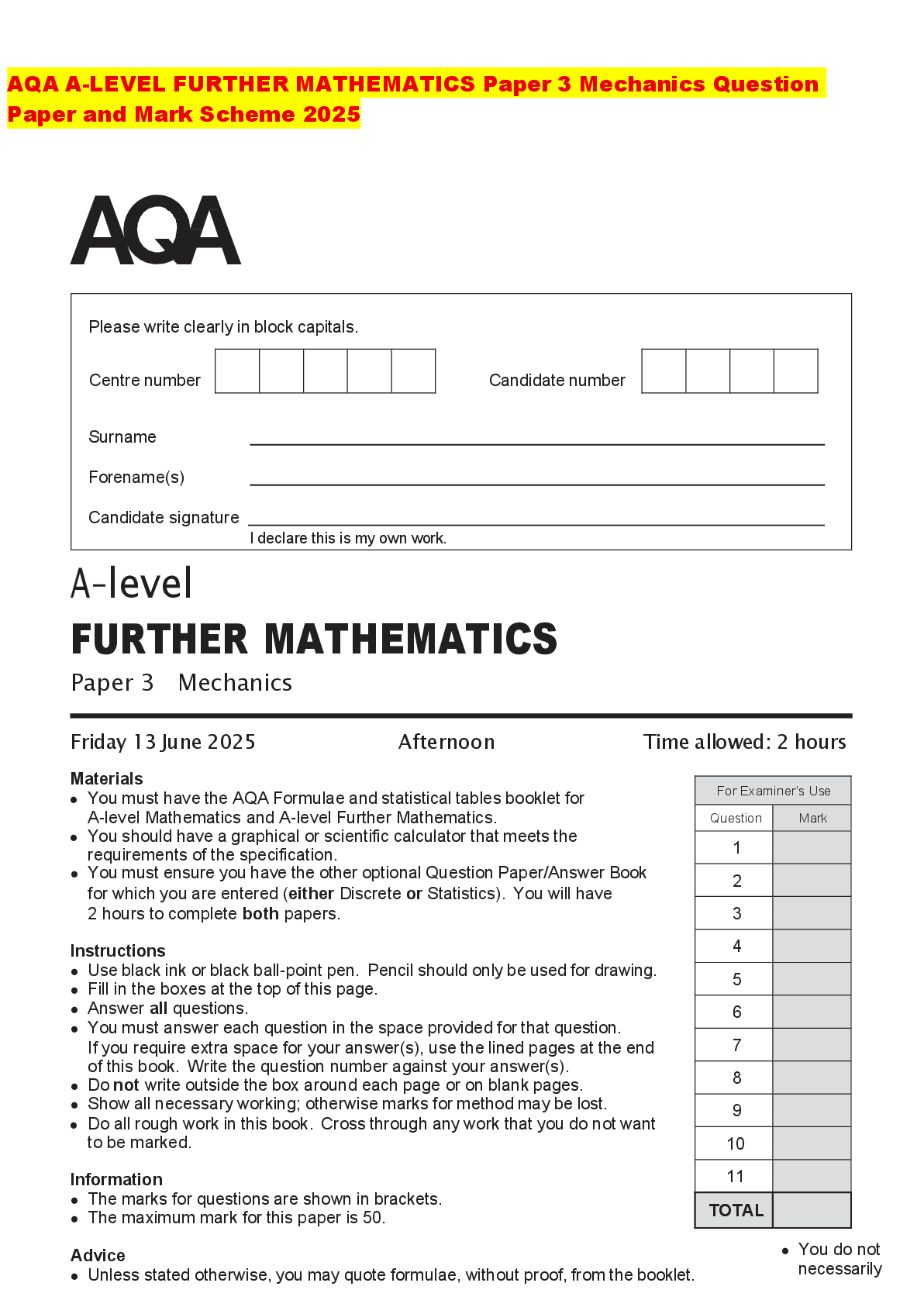 Recommended document preview for AQA A-LEVEL FURTHER MATHEMATICS Paper 3 Mechanics Question Paper and Mark Scheme 2025
