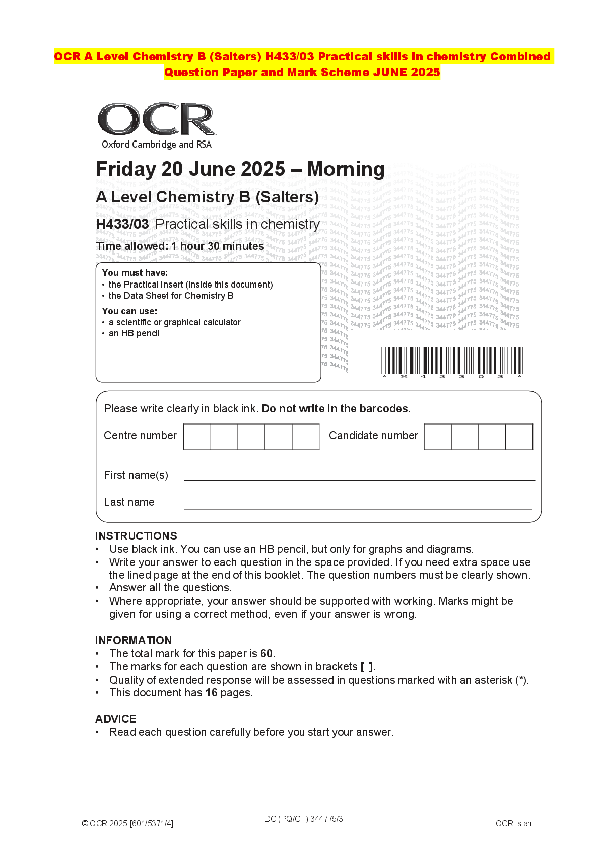 Recommended document preview for OCR A Level Chemistry B (Salters) H433/03 Practical skills in chemistry Combined Question Paper and Mark Scheme JUNE 2025