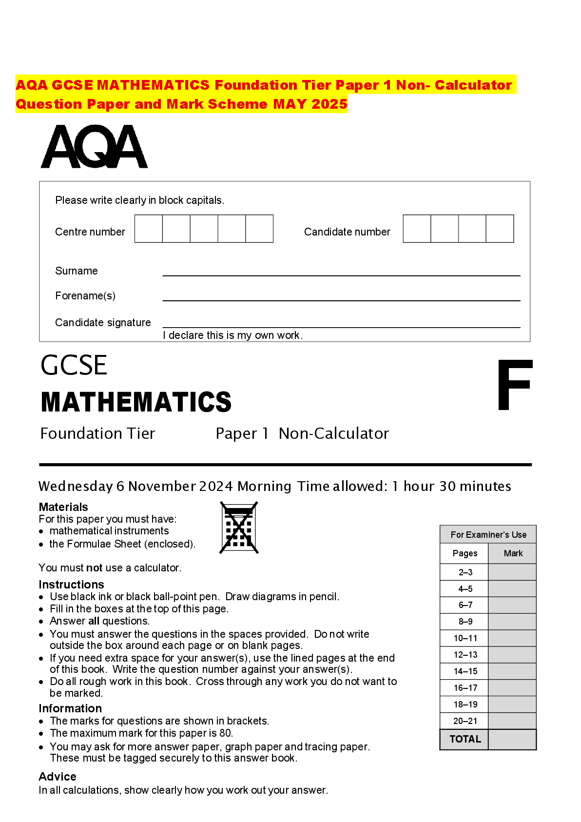 Preview of AQA GCSE MATHEMATICS Foundation Tier Paper 1 Non- Calculator Question Paper and Mark Schem