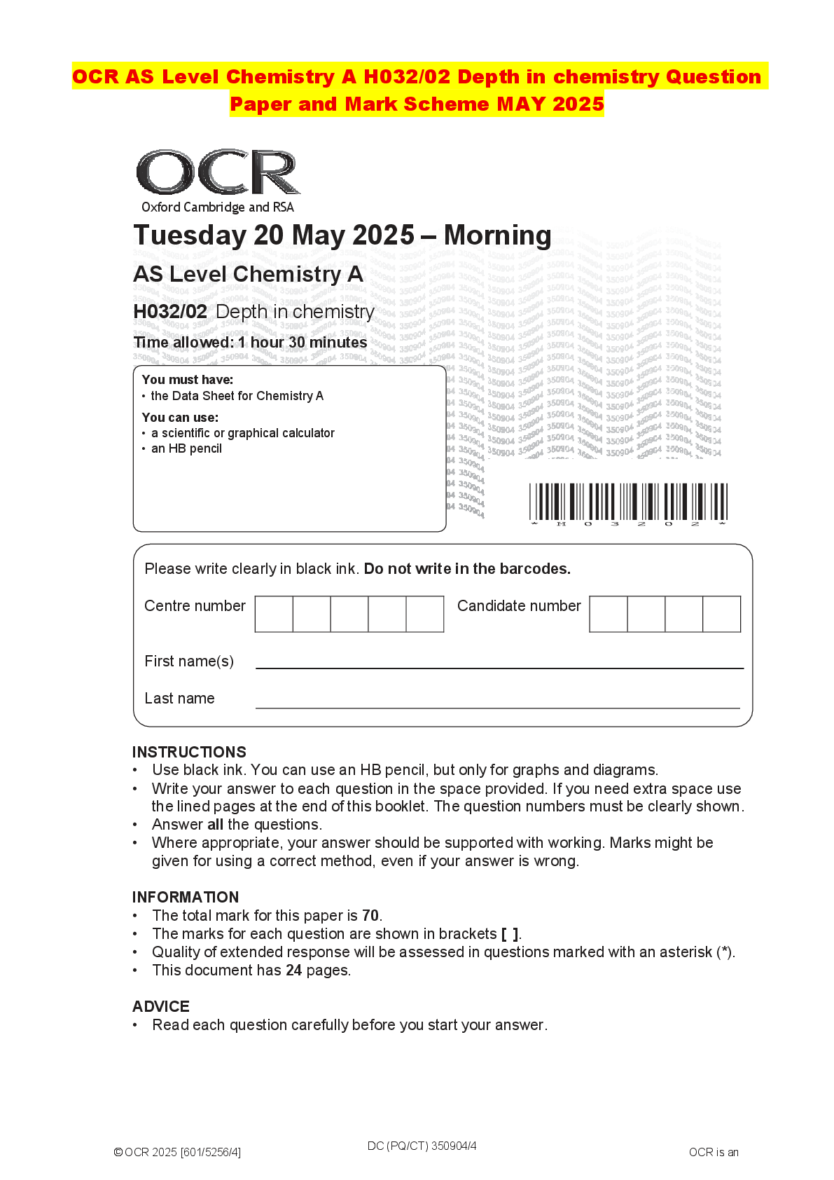 Recommended document preview for OCR AS Level Chemistry A H032/02 Depth in chemistry Question Paper and Mark Scheme MAY 2025