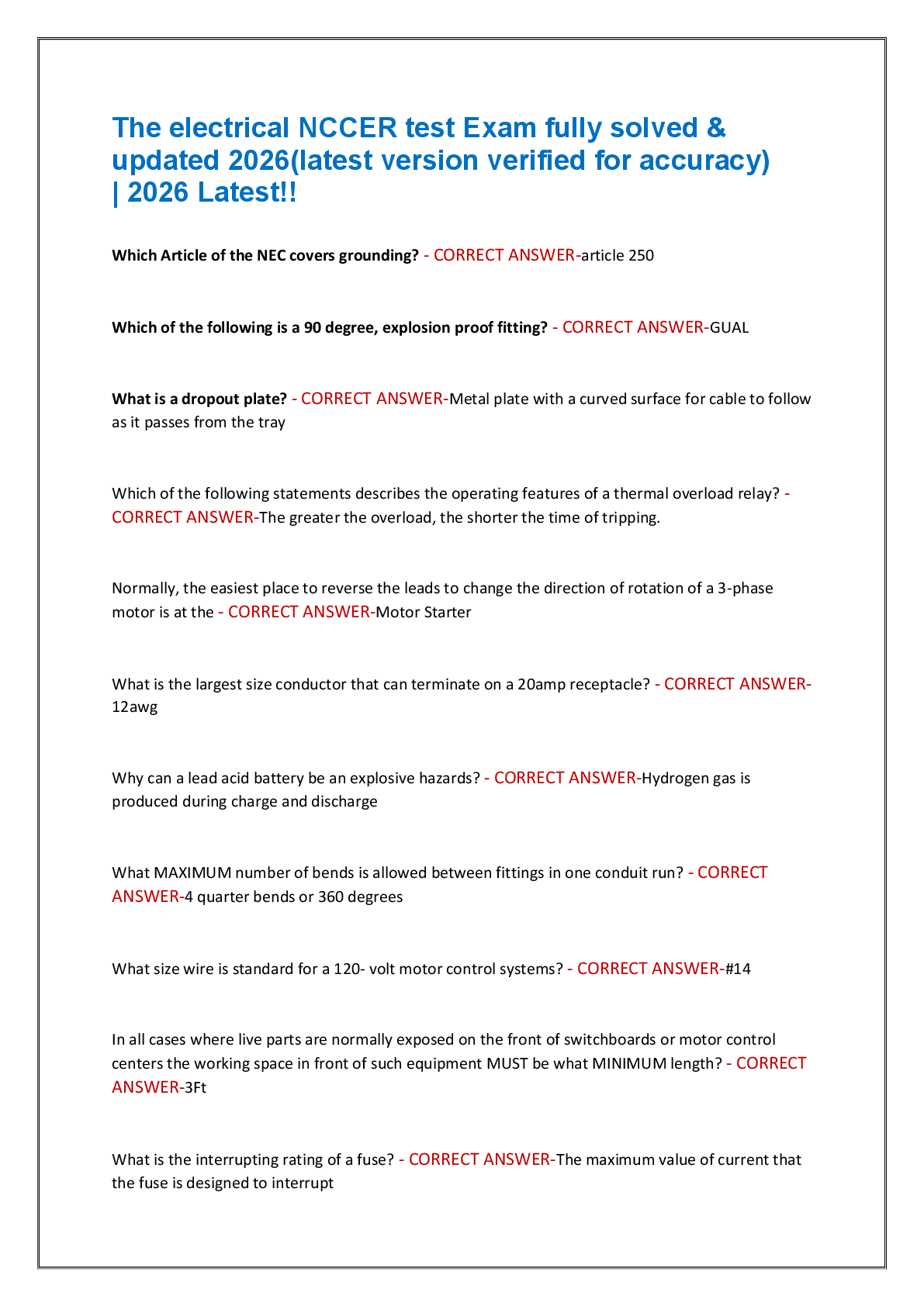Recommended document preview for The electrical NCCER test Exam fully solved &  updated 2026(latest version verified for accuracy)  | 2026 Latest!!