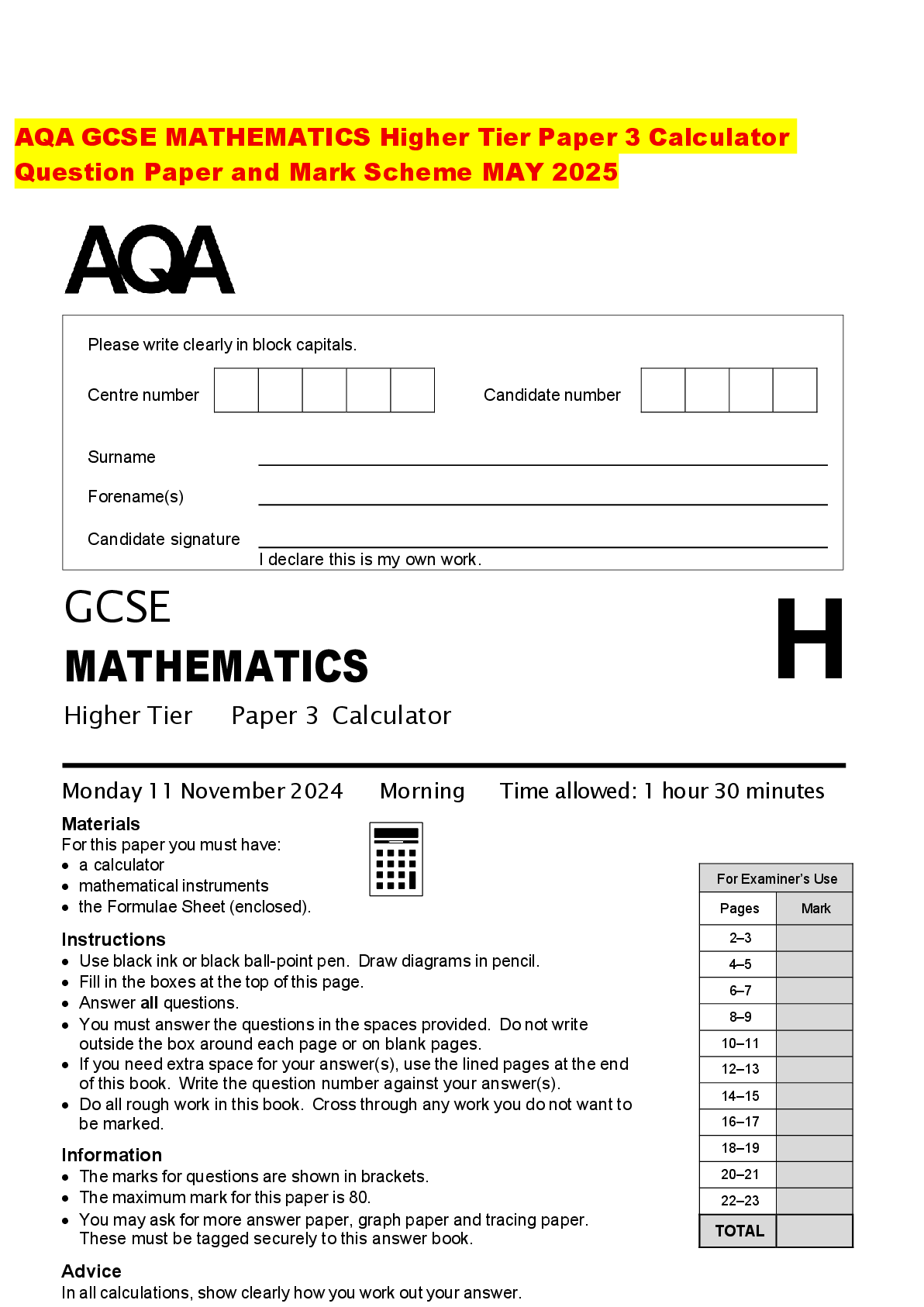 Preview of AQA GCSE MATHEMATICS Higher Tier Paper 3 Calculator Question Paper and Mark Scheme MAY 202