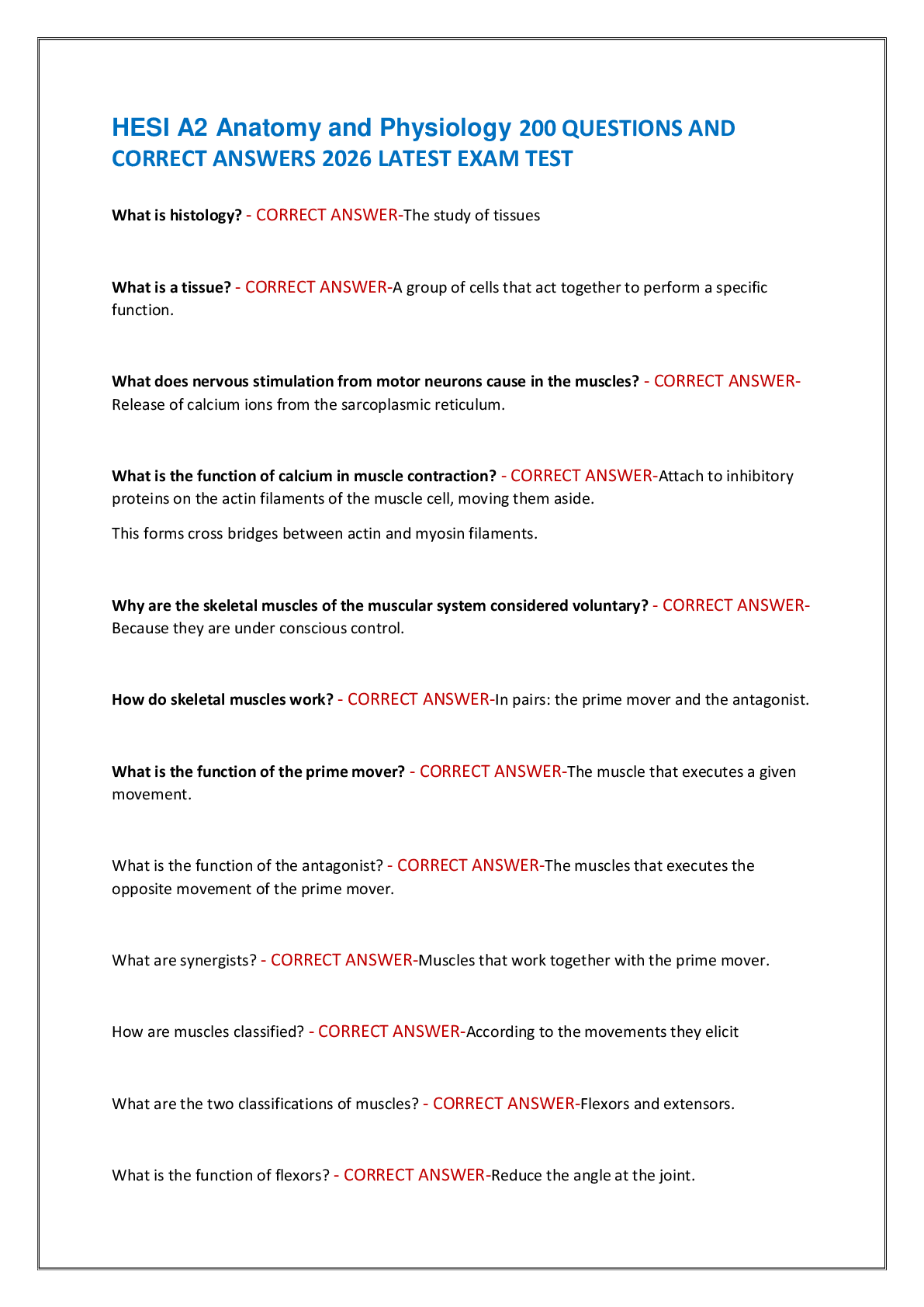 Preview of HESI A2 Anatomy and Physiology 200 QUESTIONS AND  CORRECT ANSWERS 2026 LATEST EXAM TEST