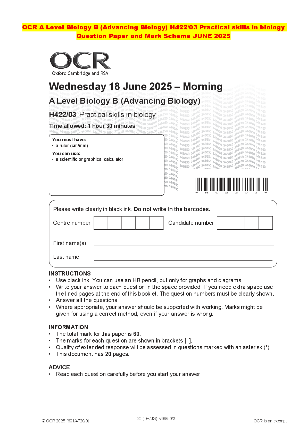 Recommended document preview for OCR A Level Biology B (Advancing Biology) H422/03 Practical skills in biology Question Paper and Mark Scheme JUNE 2025
