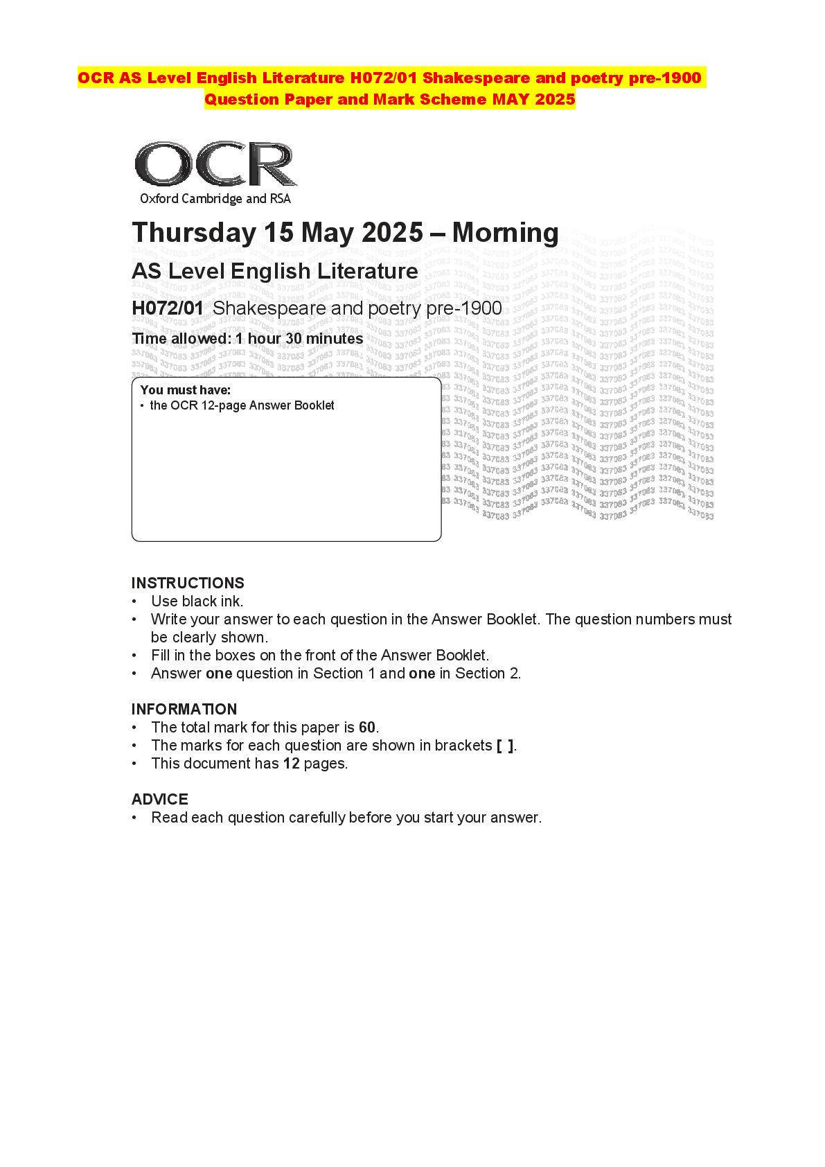 Recommended document preview for OCR AS Level English Literature H072/01 Shakespeare and poetry pre-1900 Question Paper and Mark Scheme MAY 2025