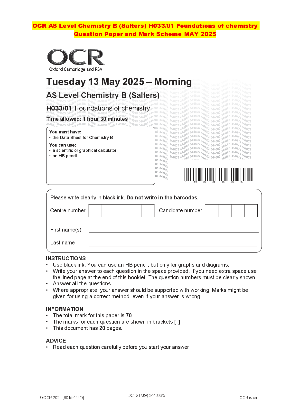 Recommended document preview for OCR AS Level Chemistry B (Salters) H033/01 Foundations of chemistry Question Paper and Mark Scheme MAY 2025