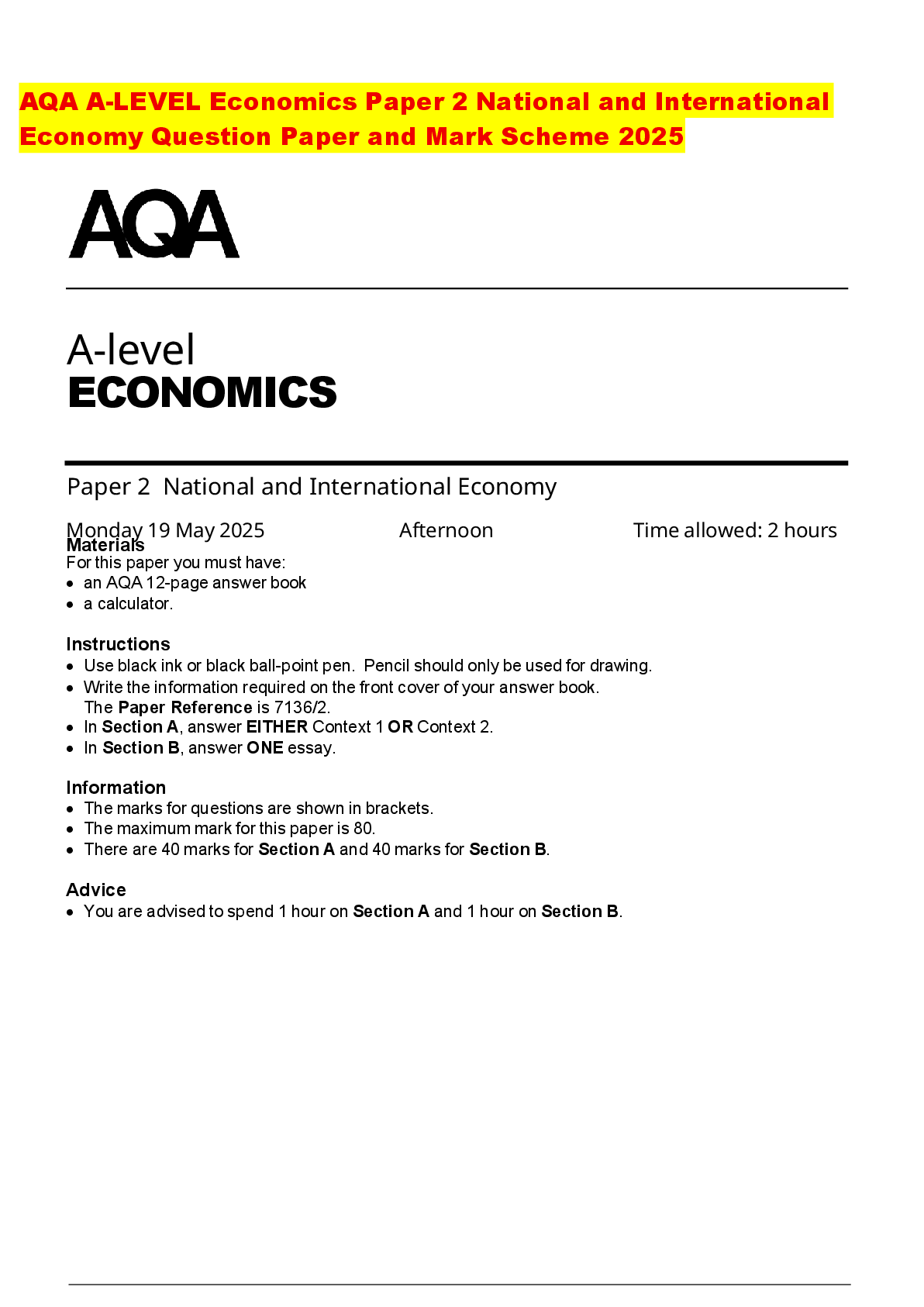 Recommended document preview for AQA A-LEVEL Economics Paper 2 National and International Economy Question Paper and Mark Scheme 2025