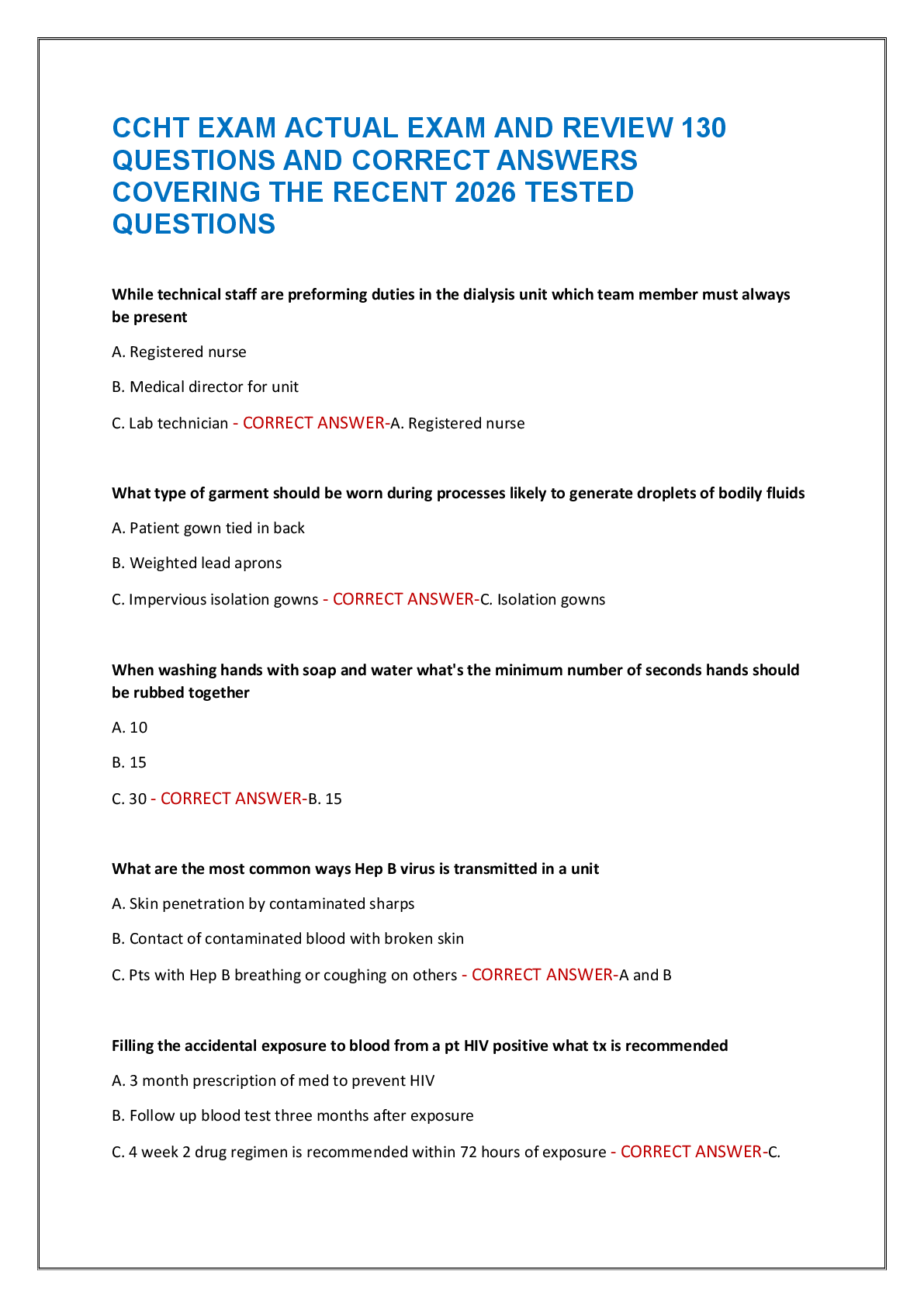 Recommended document preview for CCHT EXAM ACTUAL EXAM AND REVIEW 130  QUESTIONS AND CORRECT ANSWERS  COVERING THE RECENT 2026 TESTED  QUESTIONS