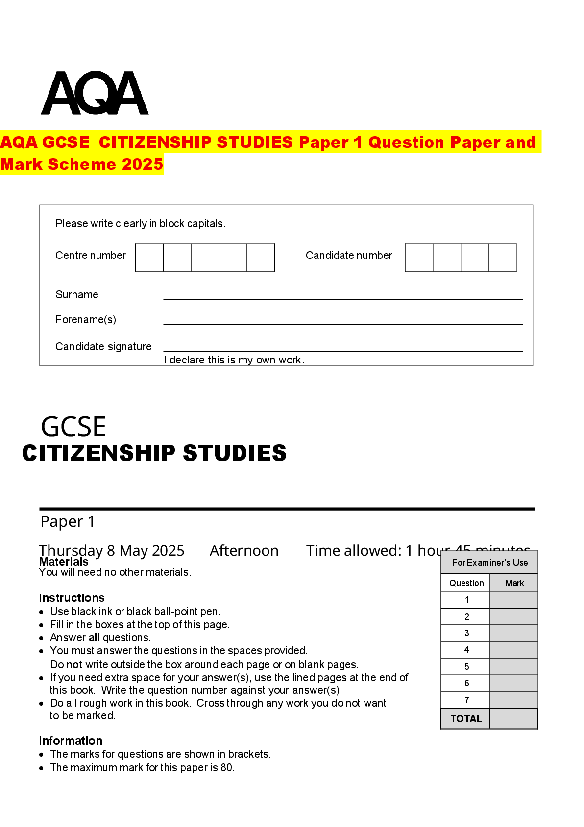 Recommended document preview for AQA GCSE CITIZENSHIP STUDIES Paper 1 Question Paper and Mark Scheme 2025