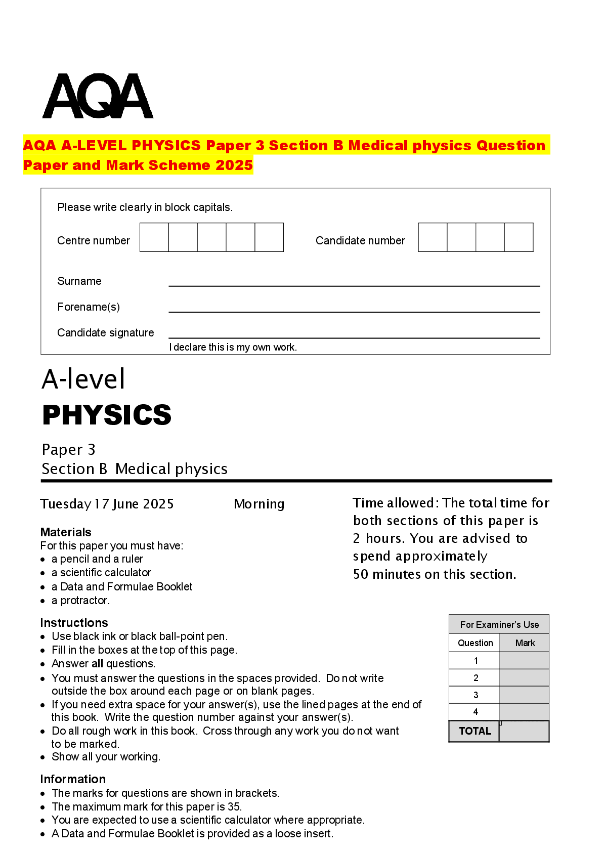 Recommended document preview for AQA A-LEVEL PHYSICS Paper 3 Section B Medical physics Question Paper and Mark Scheme 2025