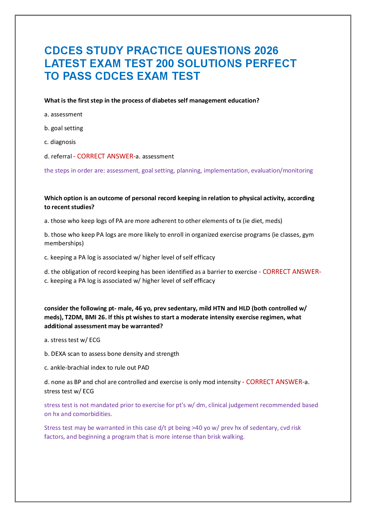 Recommended document preview for CDCES STUDY PRACTICE QUESTIONS 2026  LATEST EXAM TEST 200 SOLUTIONS PERFECT  TO PASS CDCES EXAM TEST