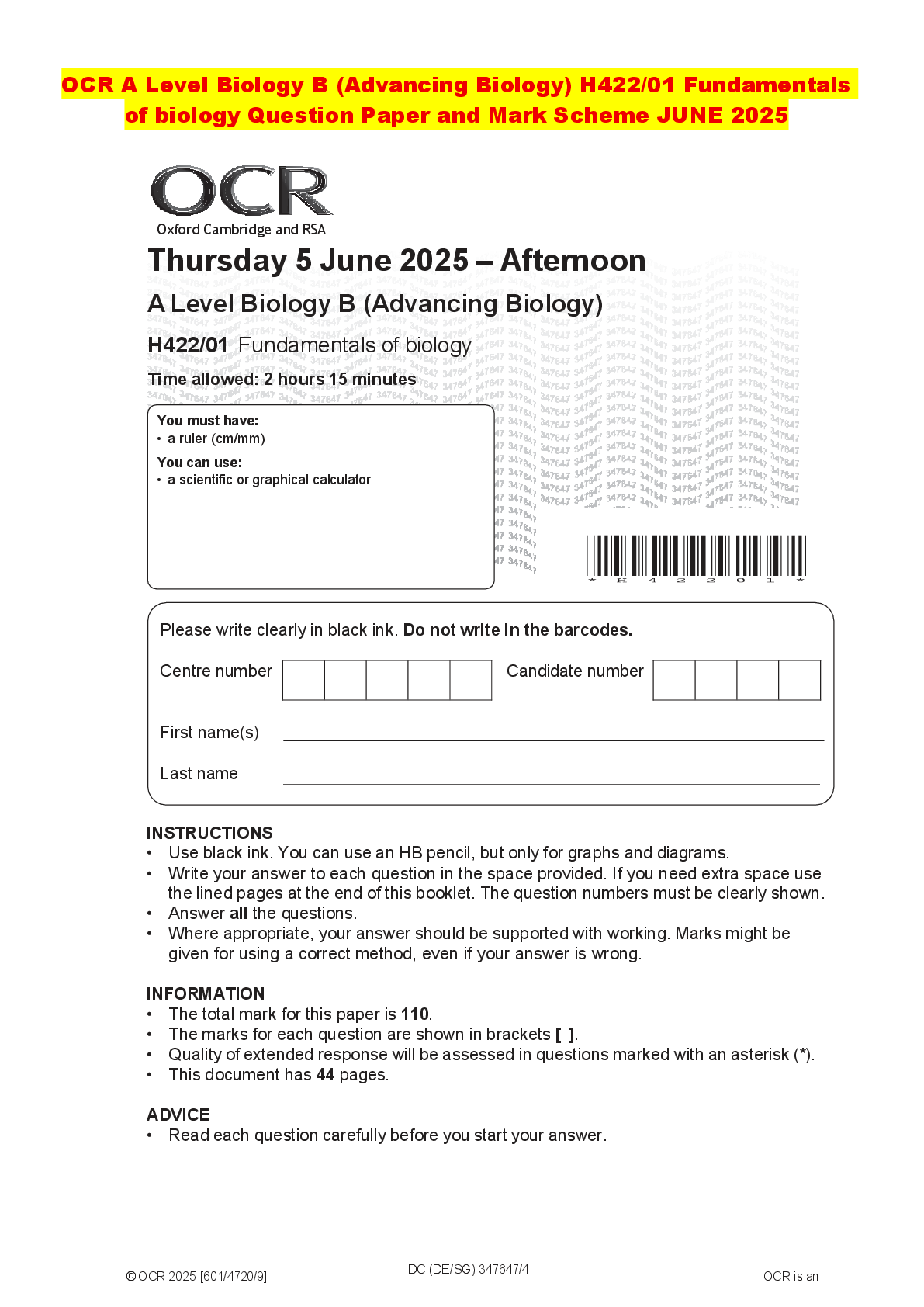 Recommended document preview for OCR A Level Biology B (Advancing Biology) H422/01 Fundamentals of biology Question Paper and Mark Scheme JUNE 2025