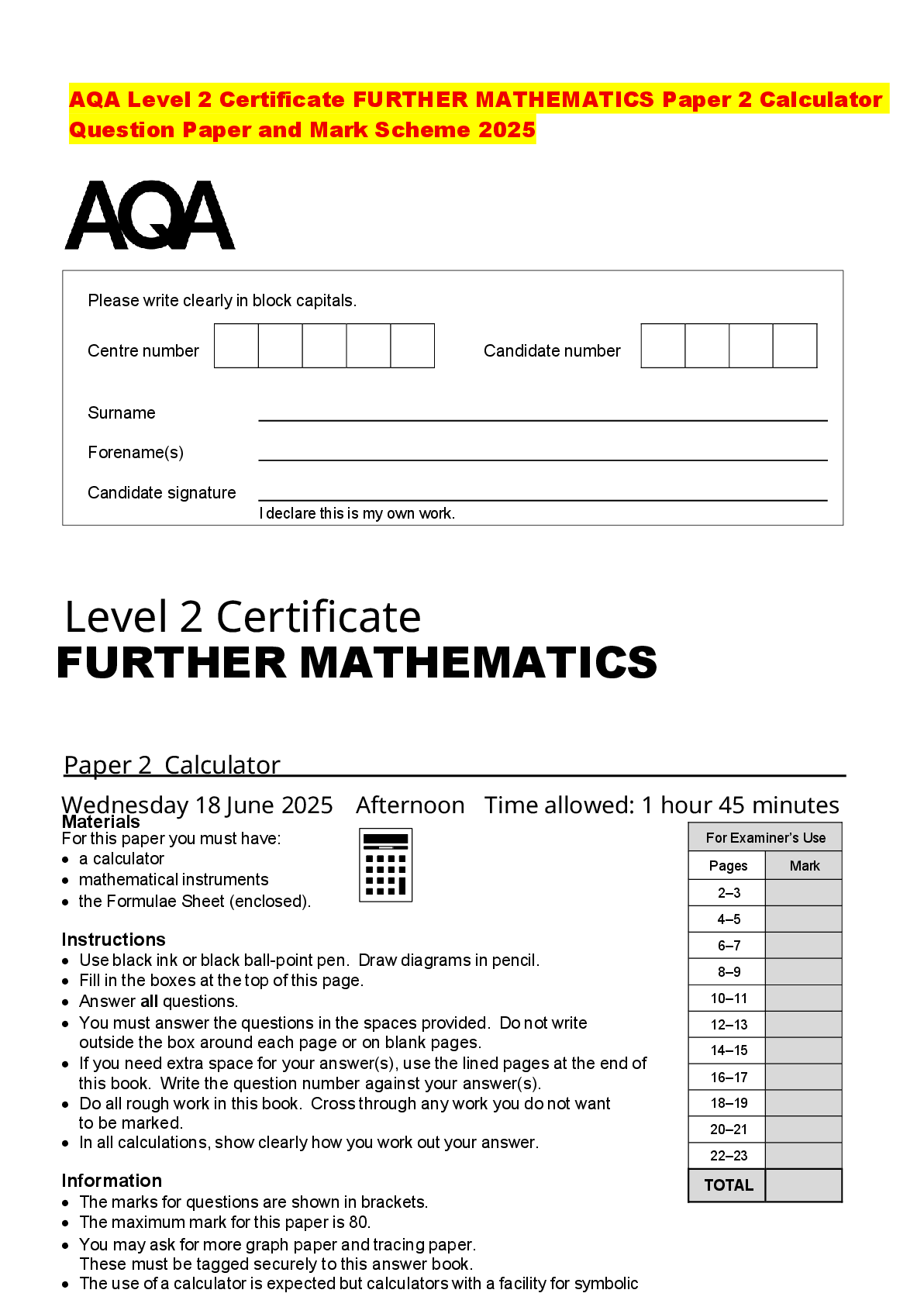 Recommended document preview for AQA Level 2 Certificate FURTHER MATHEMATICS Paper 2 Calculator Question Paper and Mark Scheme 2025