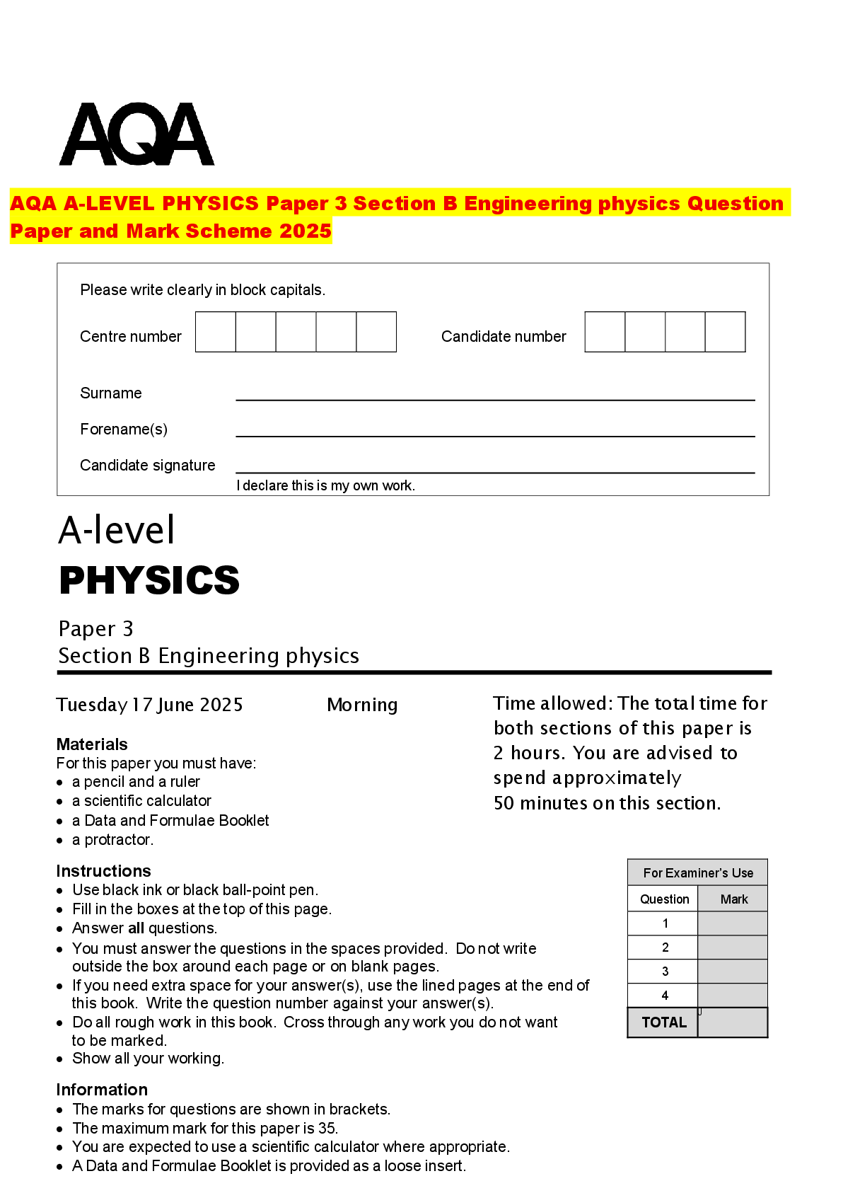 Recommended document preview for AQA A-LEVEL PHYSICS Paper 3 Section B Engineering physics Question Paper and Mark Scheme 2025
