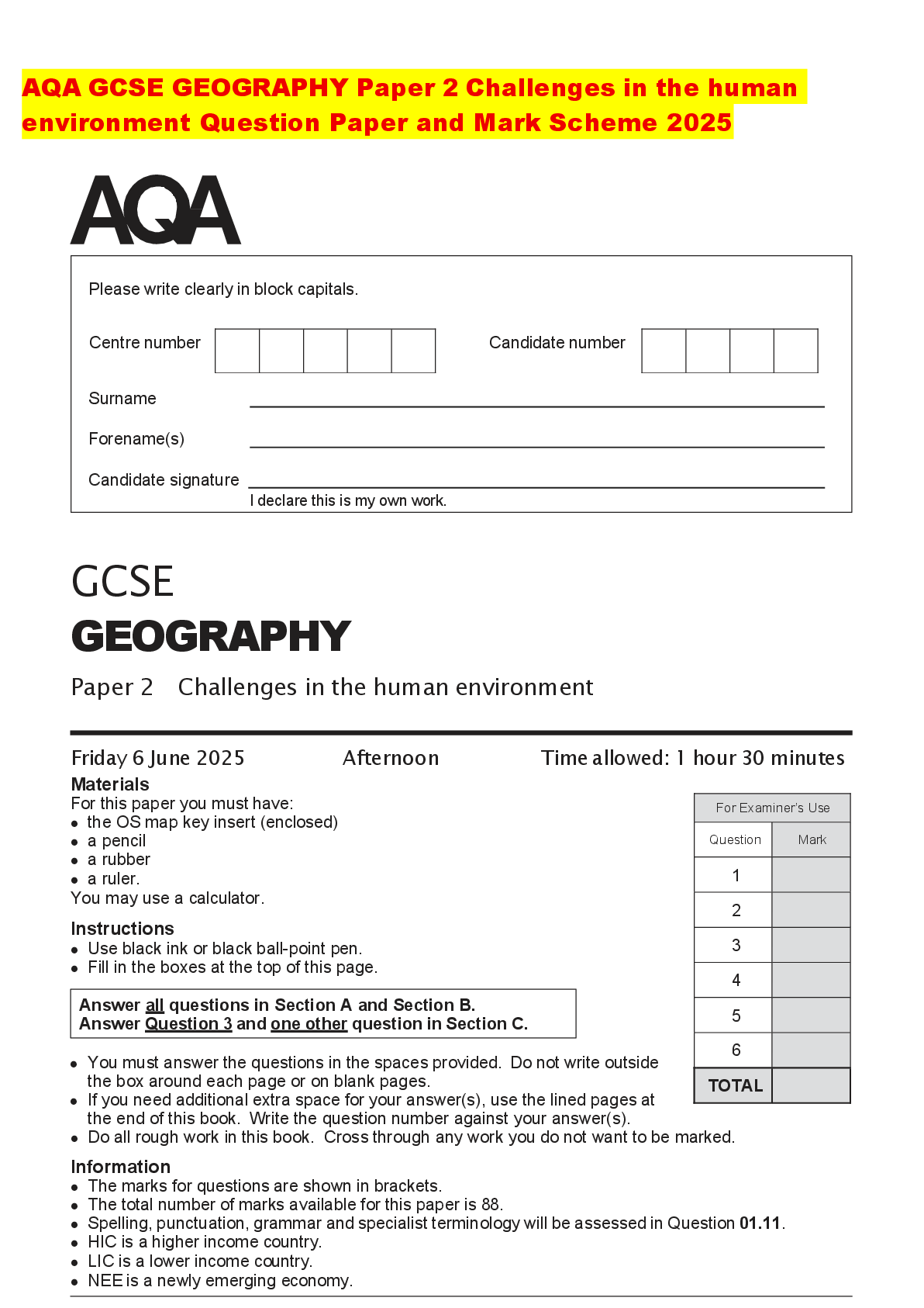 Recommended document preview for AQA GCSE GEOGRAPHY Paper 2 Challenges in the human environment Question Paper and Mark Scheme 2025