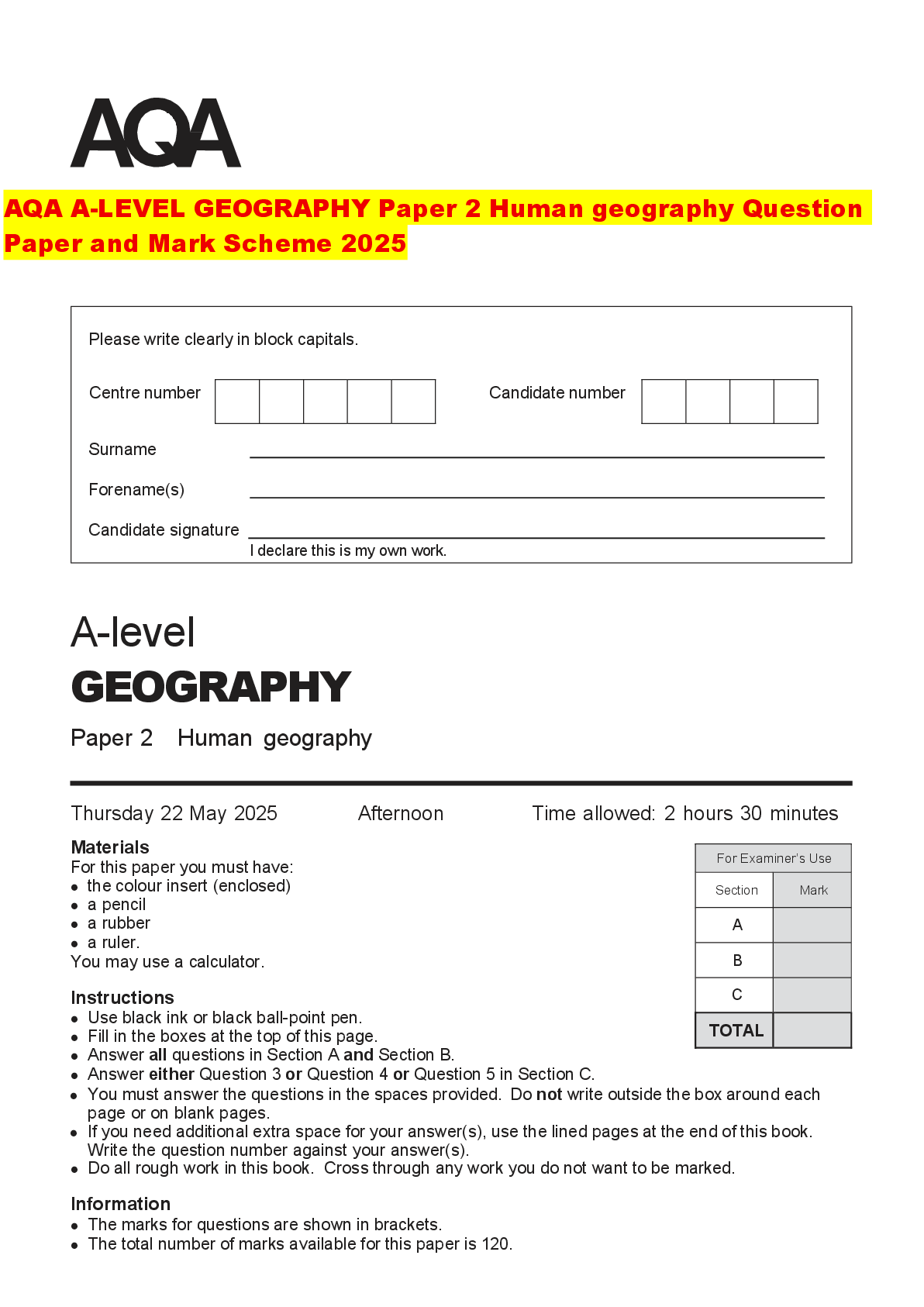 Recommended document preview for AQA A-LEVEL GEOGRAPHY Paper 2 Human geography Question Paper and Mark Scheme 2025