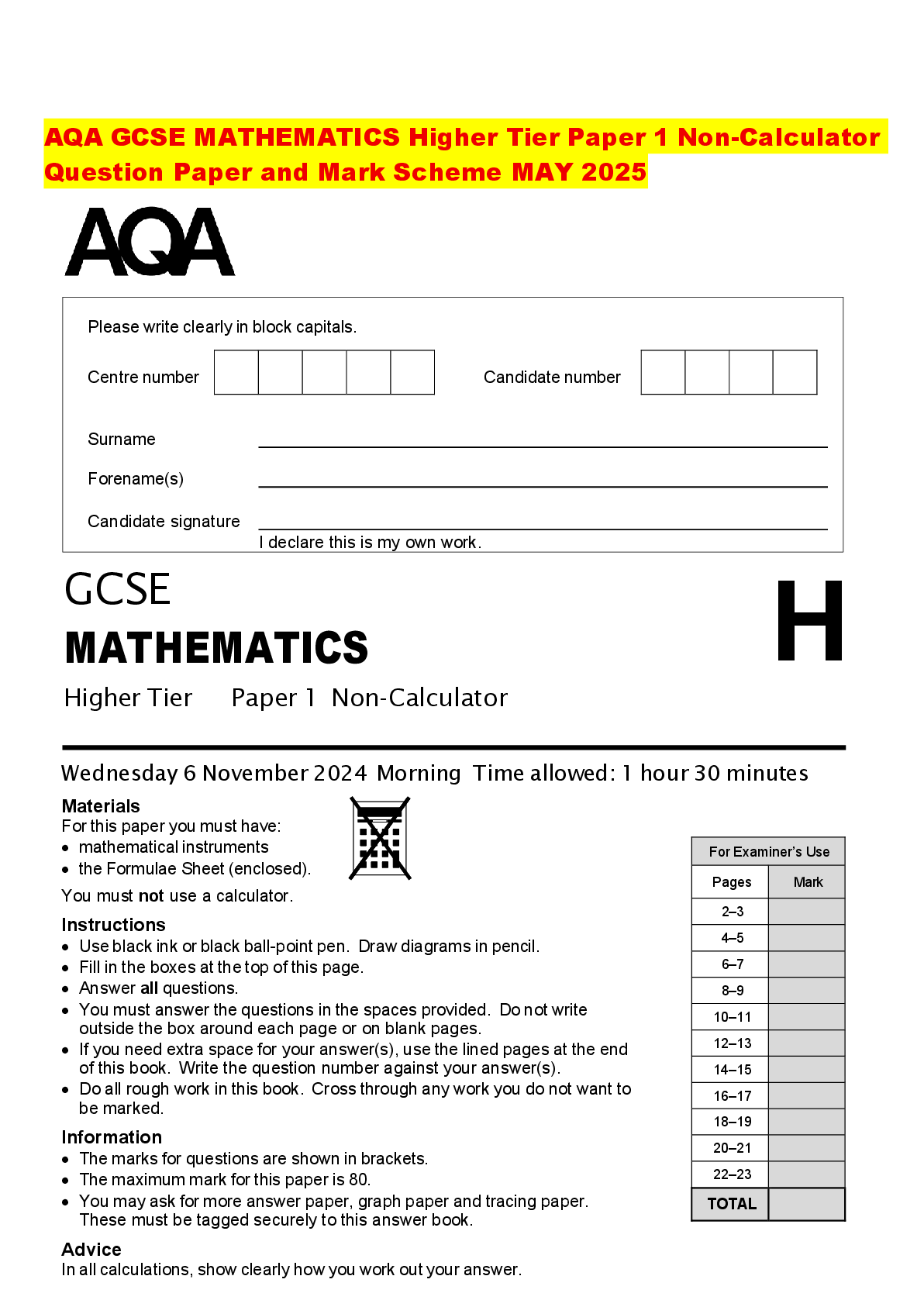 Preview of AQA GCSE MATHEMATICS Higher Tier Paper 1 Non-Calculator Question Paper and Mark Scheme MAY