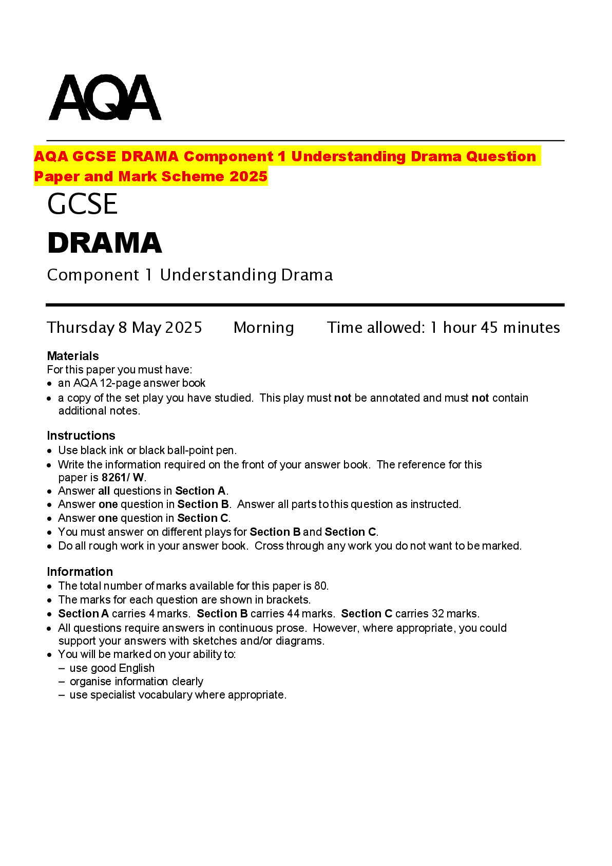 Recommended document preview for AQA GCSE DRAMA Component 1 Understanding Drama Question Paper and Mark Scheme 2025