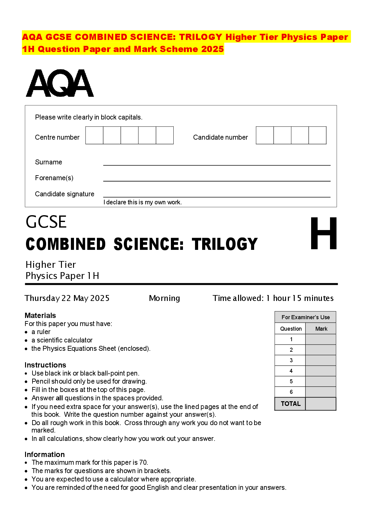 Recommended document preview for AQA GCSE COMBINED SCIENCE: TRILOGY Higher Tier Physics Paper 1H Question Paper and Mark Scheme 2025