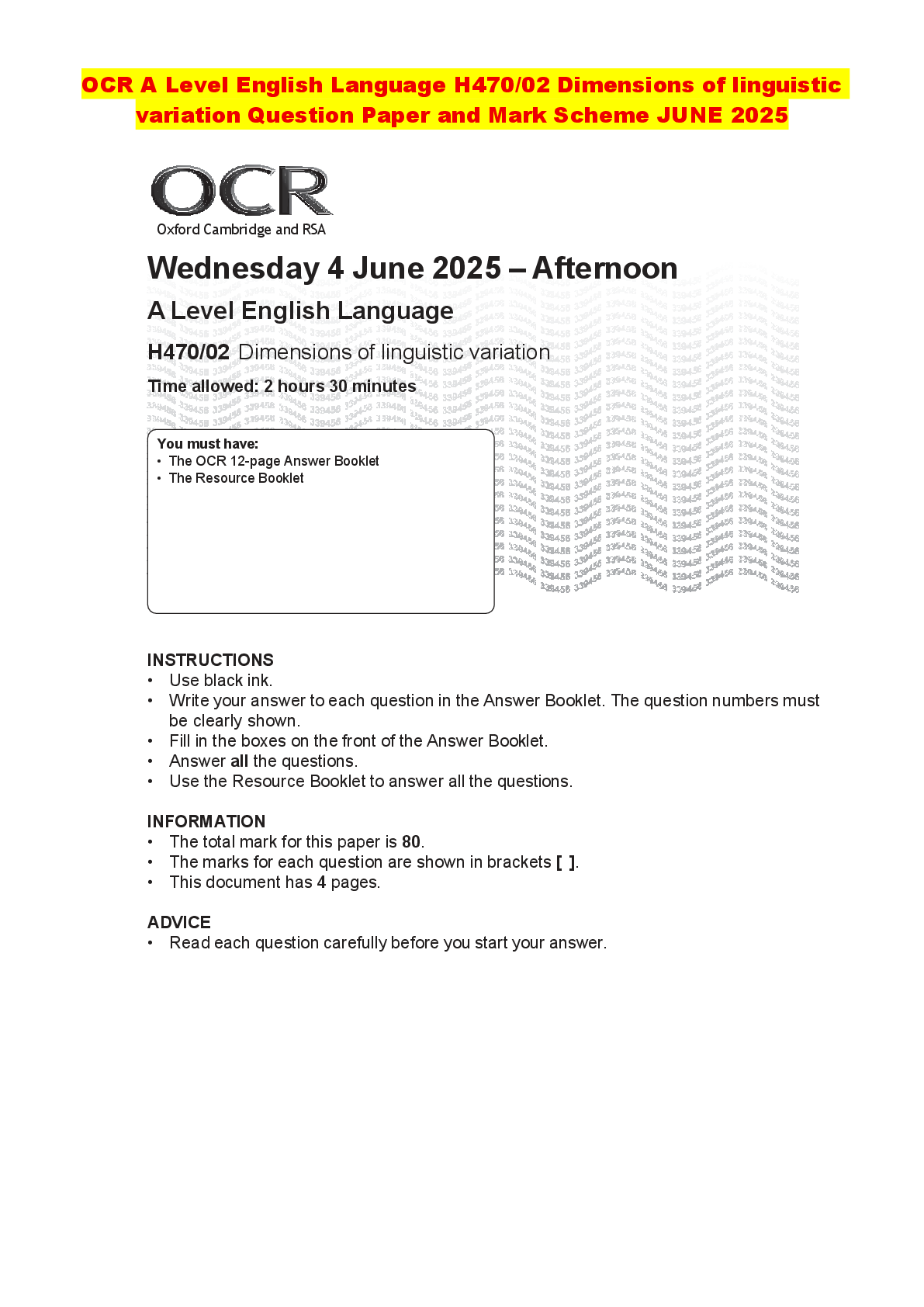 Preview of OCR A Level English Language H470/02 Dimensions of linguistic variation Question Paper and