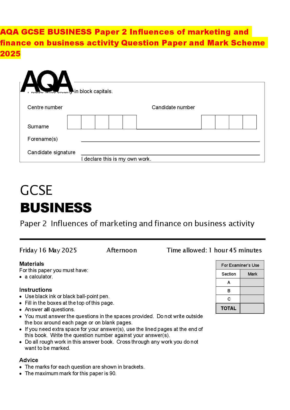 Recommended document preview for AQA GCSE BUSINESS Paper 2 Influences of marketing and finance on business activity Question Paper and Mark Scheme 2025