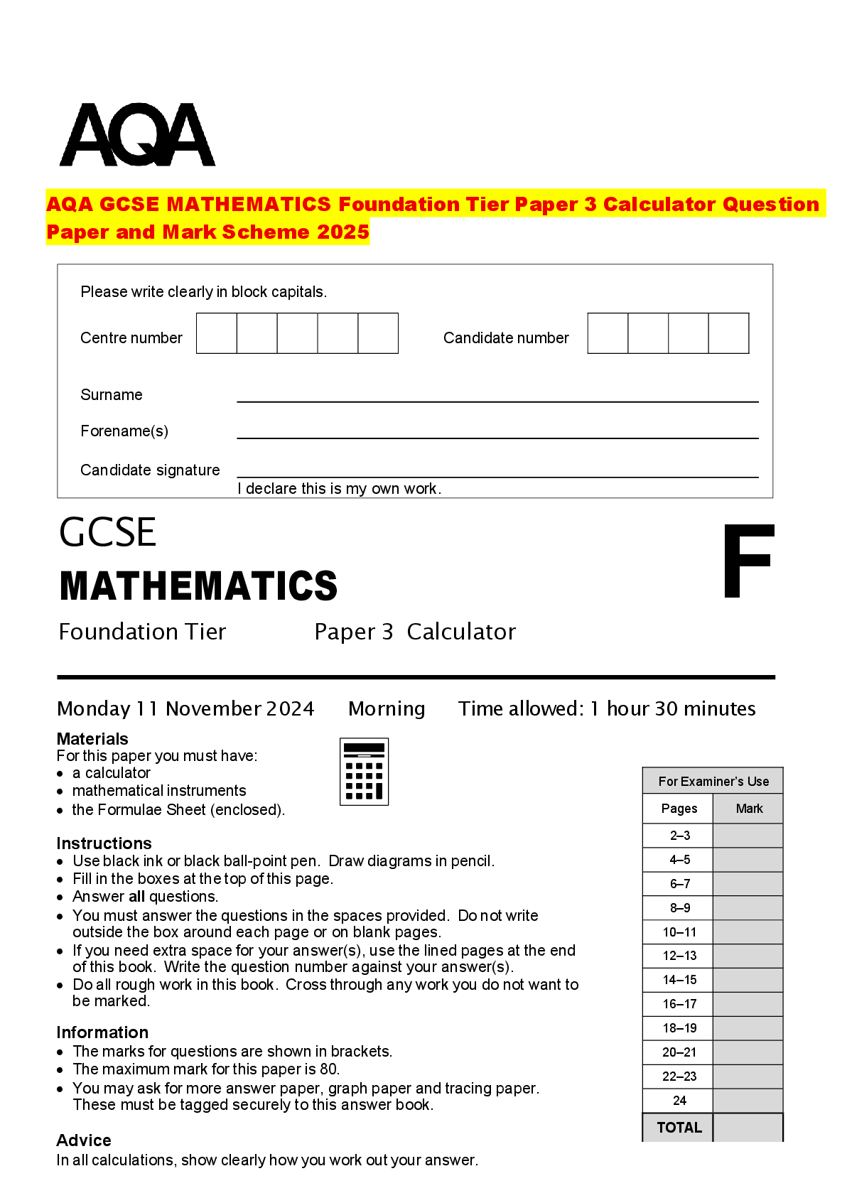 Recommended document preview for AQA GCSE MATHEMATICS Foundation Tier Paper 3 Calculator Question Paper and Mark Scheme 2025