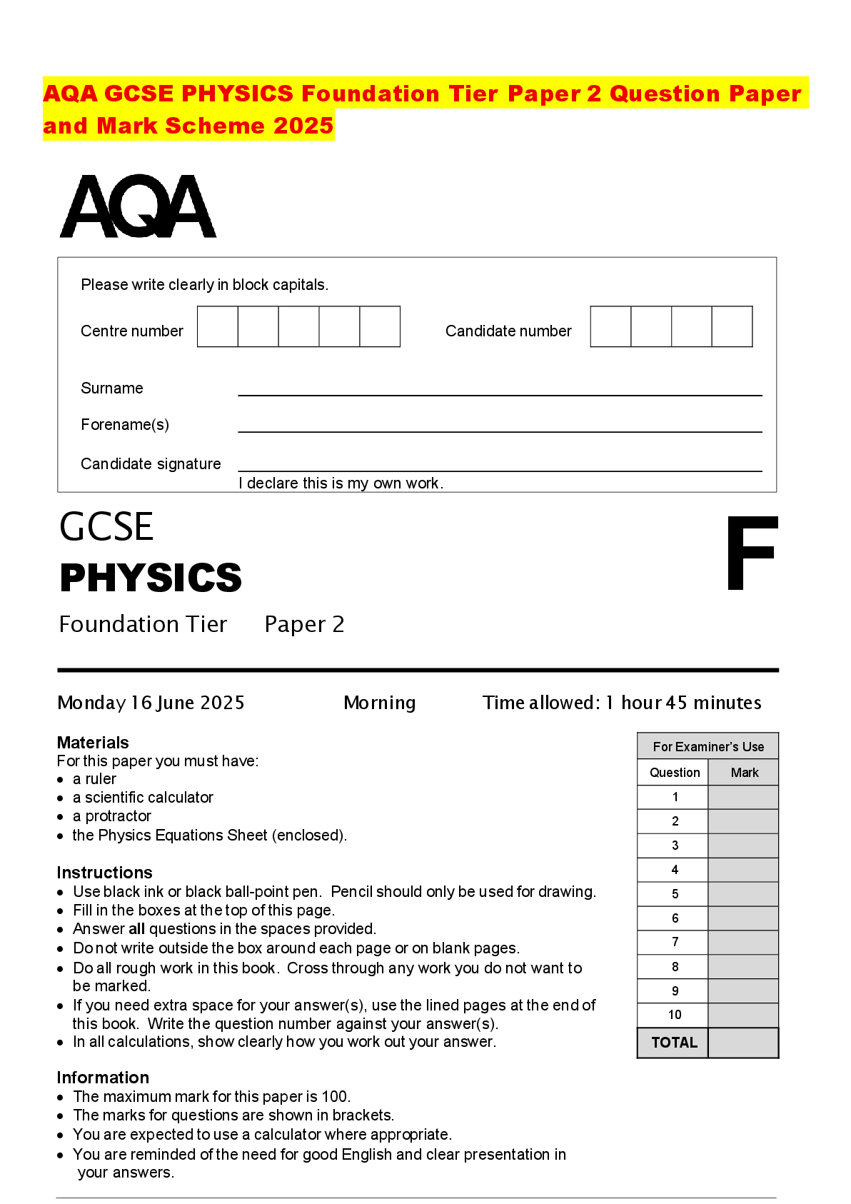 Recommended document preview for AQA GCSE PHYSICS Foundation Tier Paper 2 Question Paper and Mark Scheme 2025