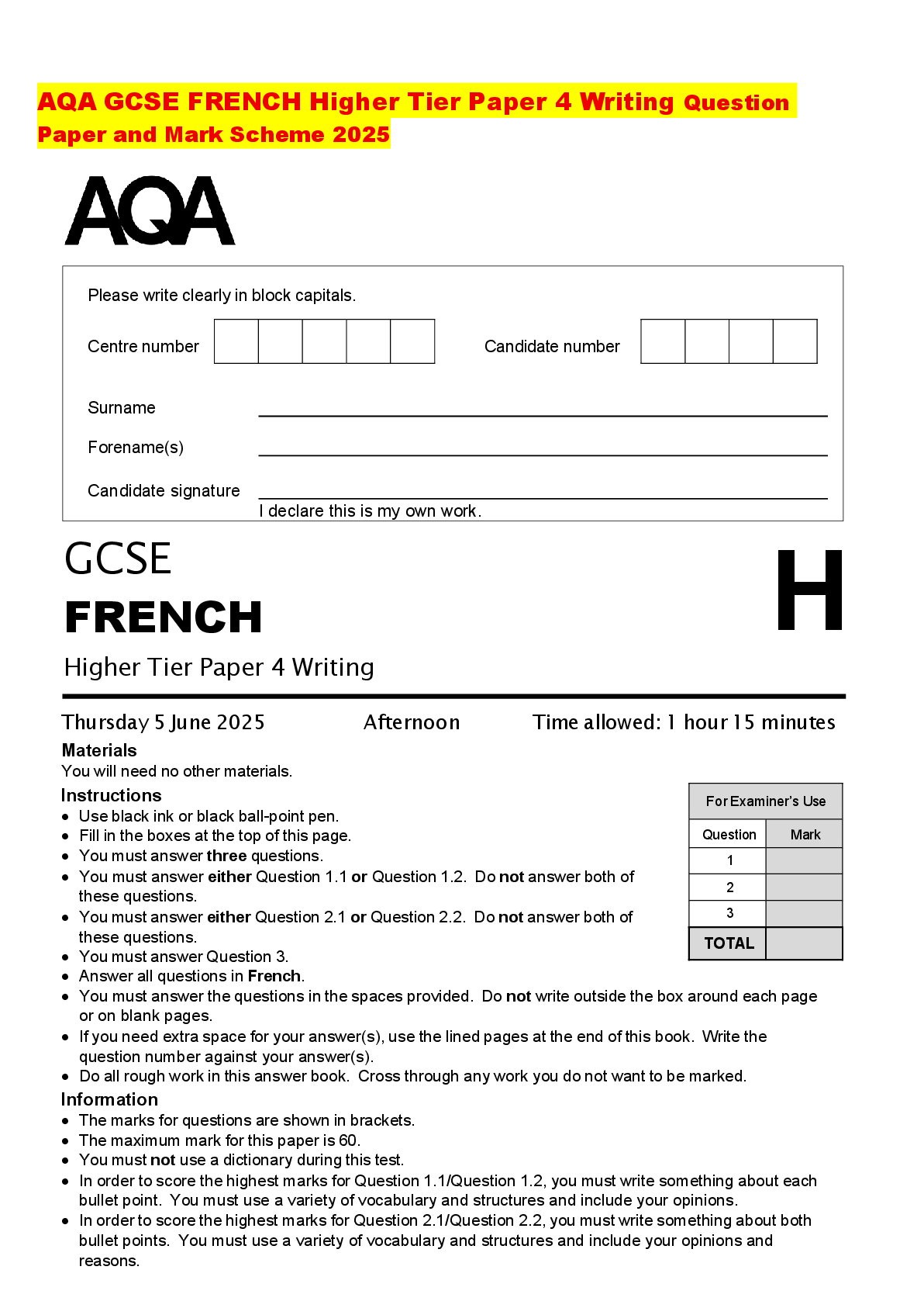 Recommended document preview for AQA GCSE FRENCH Higher Tier Paper 4 Writing Question Paper and Mark Scheme 2025