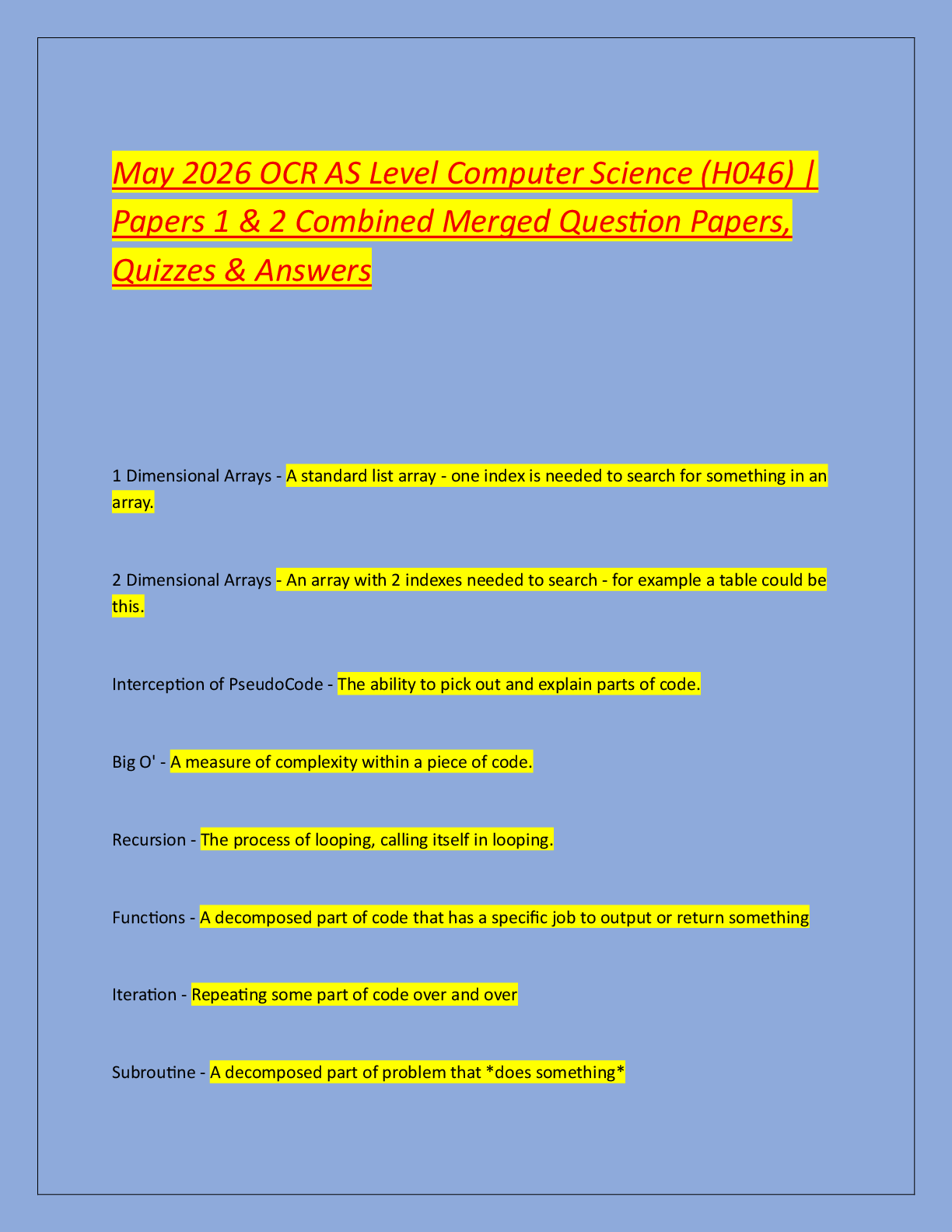 Recommended document preview for May 2026 OCR AS Level Computer Science (H046) |  Papers 1 & 2 Combined Merged Question Papers,  Quizzes & Answers