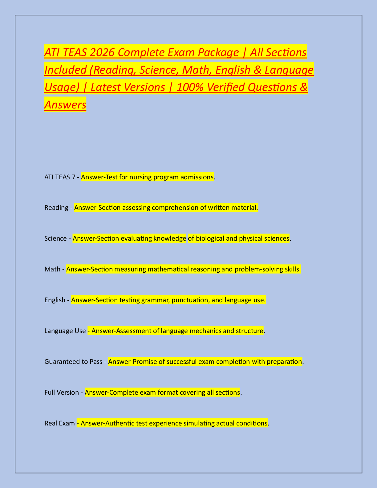 Recommended document preview for ATI TEAS 2026 Complete Exam Package | All Sections  Included (Reading, Science, Math, English & Language  Usage) | Latest Versions | 100% Verified Questions &  Answers
