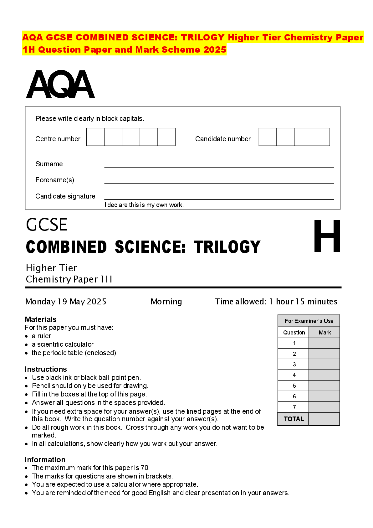 Recommended document preview for AQA GCSE COMBINED SCIENCE: TRILOGY Higher Tier Chemistry Paper 1H Question Paper and Mark Scheme 2025