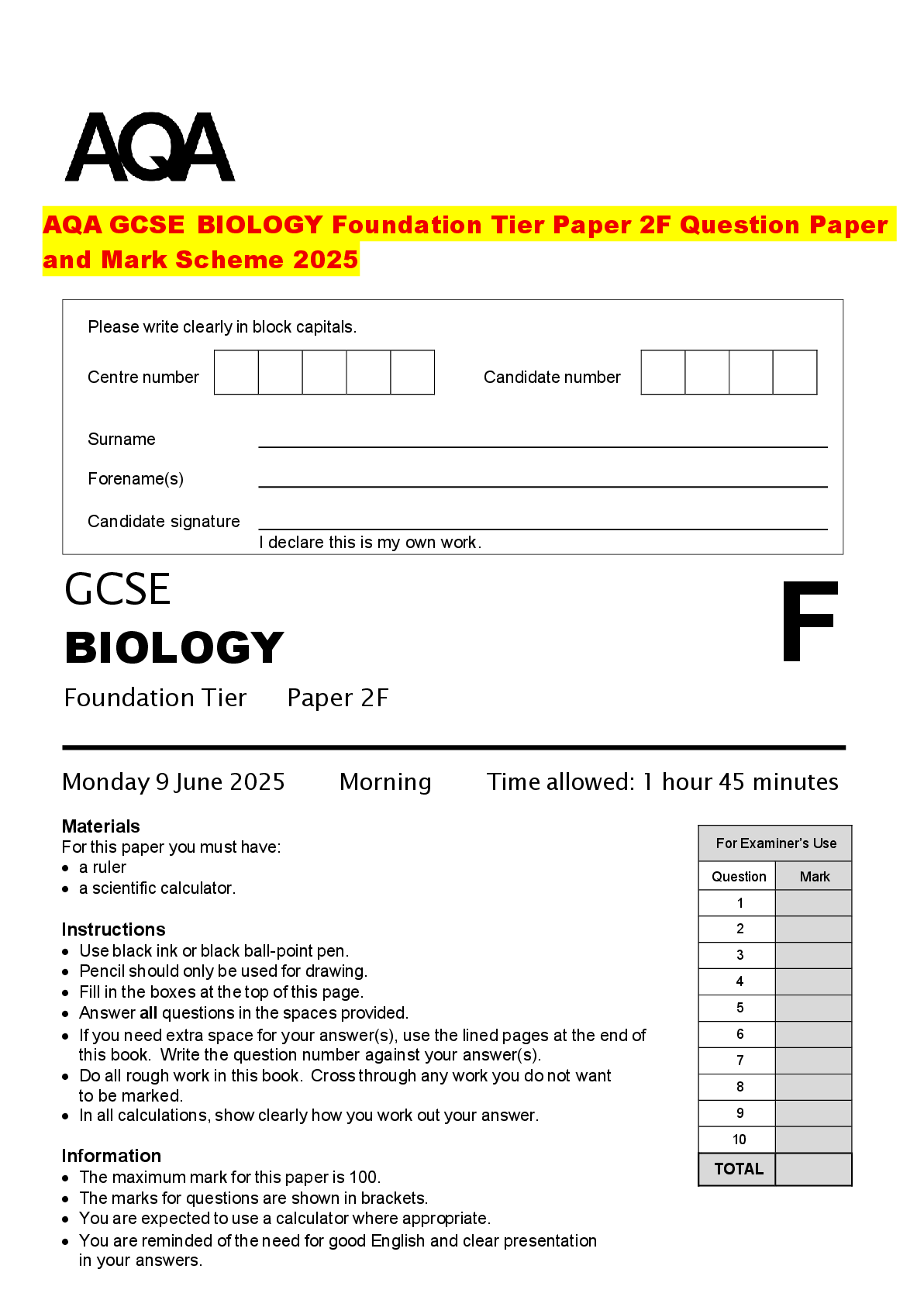 Recommended document preview for AQA GCSE BIOLOGY Foundation Tier Paper 2F Question Paper and Mark Scheme 2025