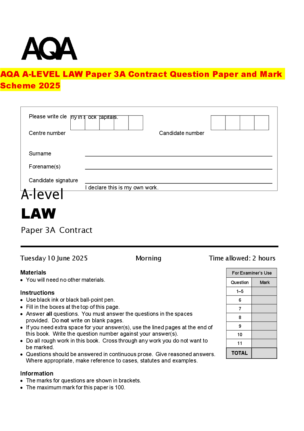 Recommended document preview for AQA A-LEVEL LAW Paper 3A Contract Question Paper and Mark Scheme 2025