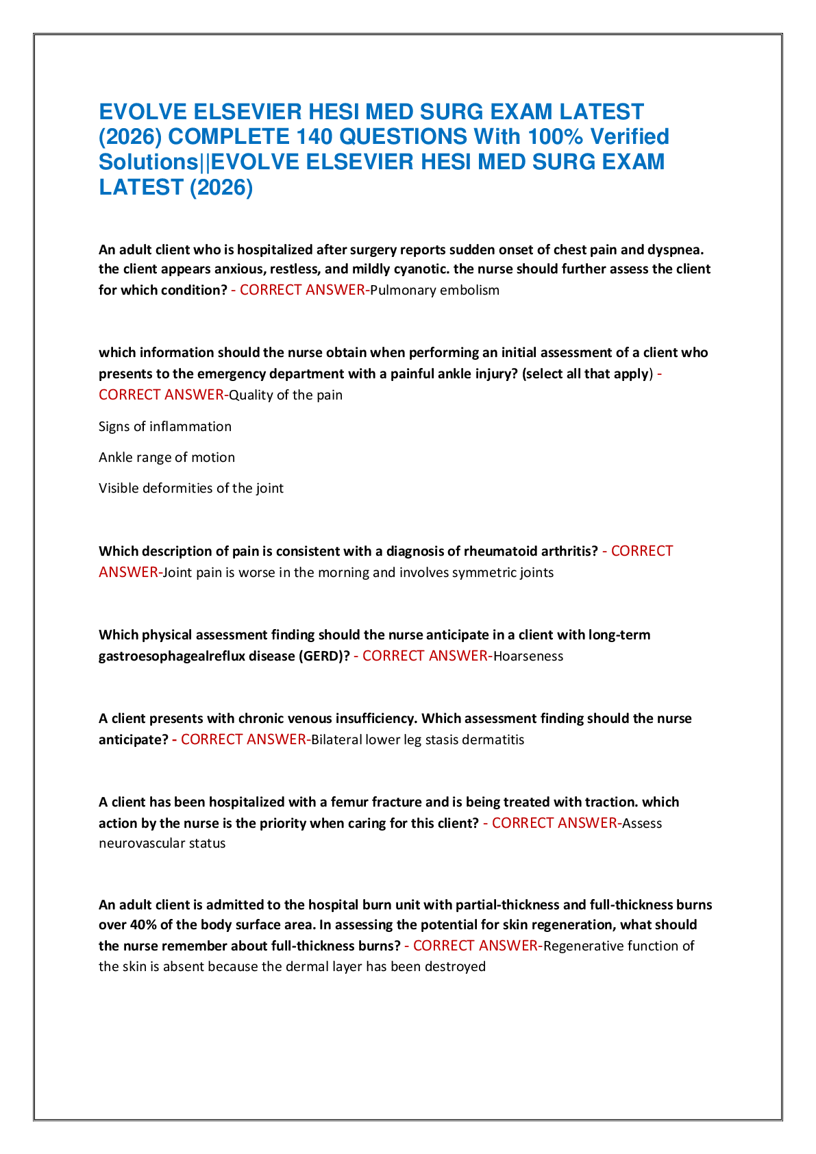 Recommended document preview for EVOLVE ELSEVIER HESI MED SURG EXAM LATEST  (2026) COMPLETE 140 QUESTIONS With 100% Verified  Solutions||EVOLVE ELSEVIER HESI MED SURG EXAM  LATEST (2026)