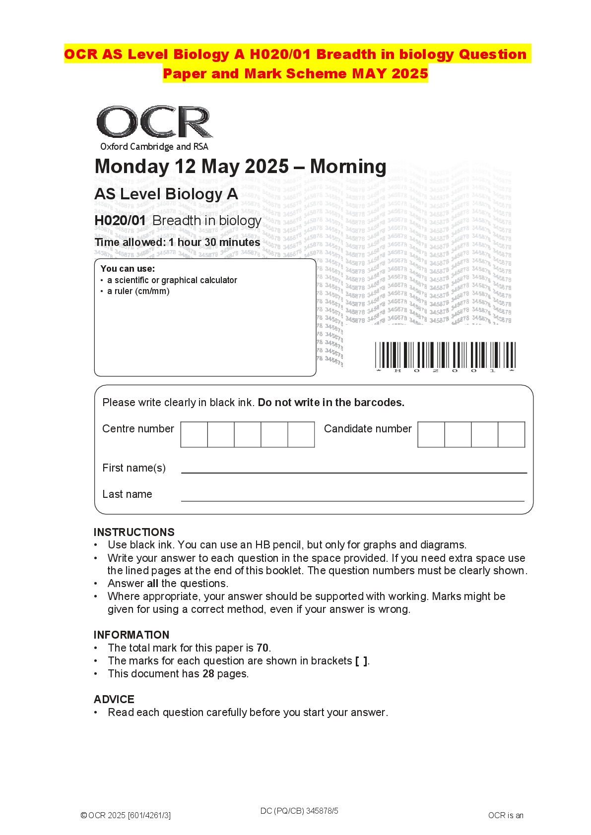 Recommended document preview for OCR AS Level Biology A H020/01 Breadth in biology Question Paper and Mark Scheme MAY 2025