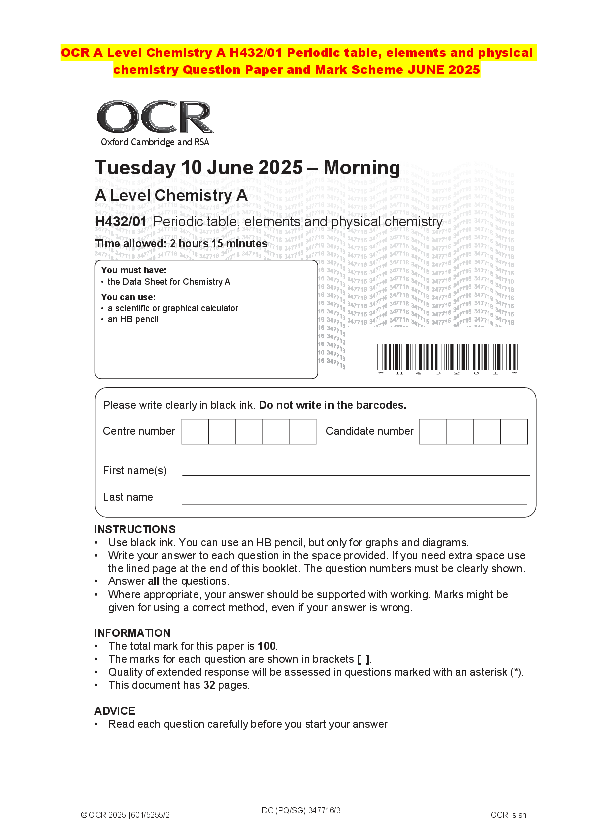 Recommended document preview for OCR A Level Chemistry A H432/01 Periodic table, elements and physical chemistry Question Paper and Mark Scheme JUNE 2025