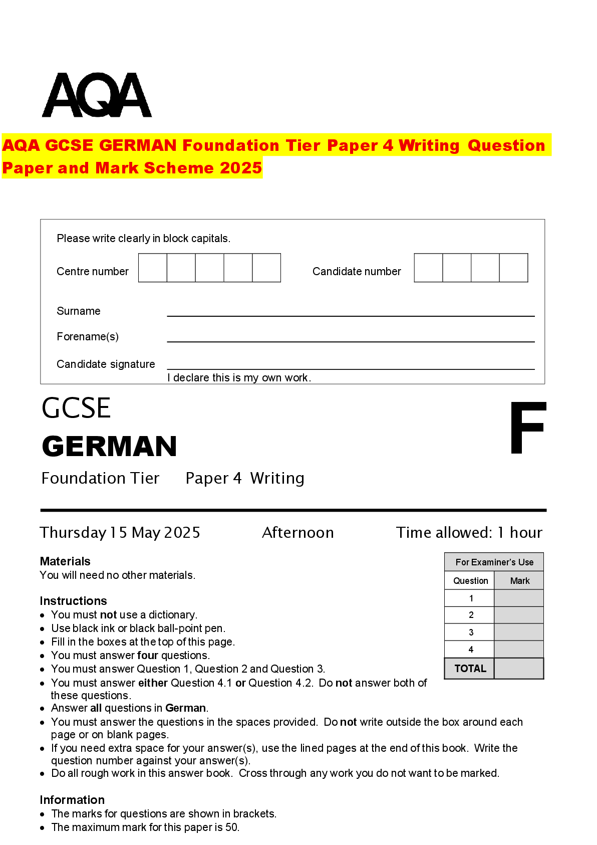 Recommended document preview for AQA GCSE GERMAN Foundation Tier Paper 4 Writing Question Paper and Mark Scheme 2025