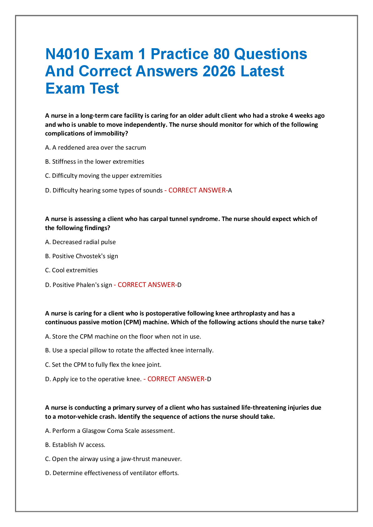 Recommended document preview for N4010 Exam 1 Practice 80 Questions  And Correct Answers 2026 Latest  Exam Test