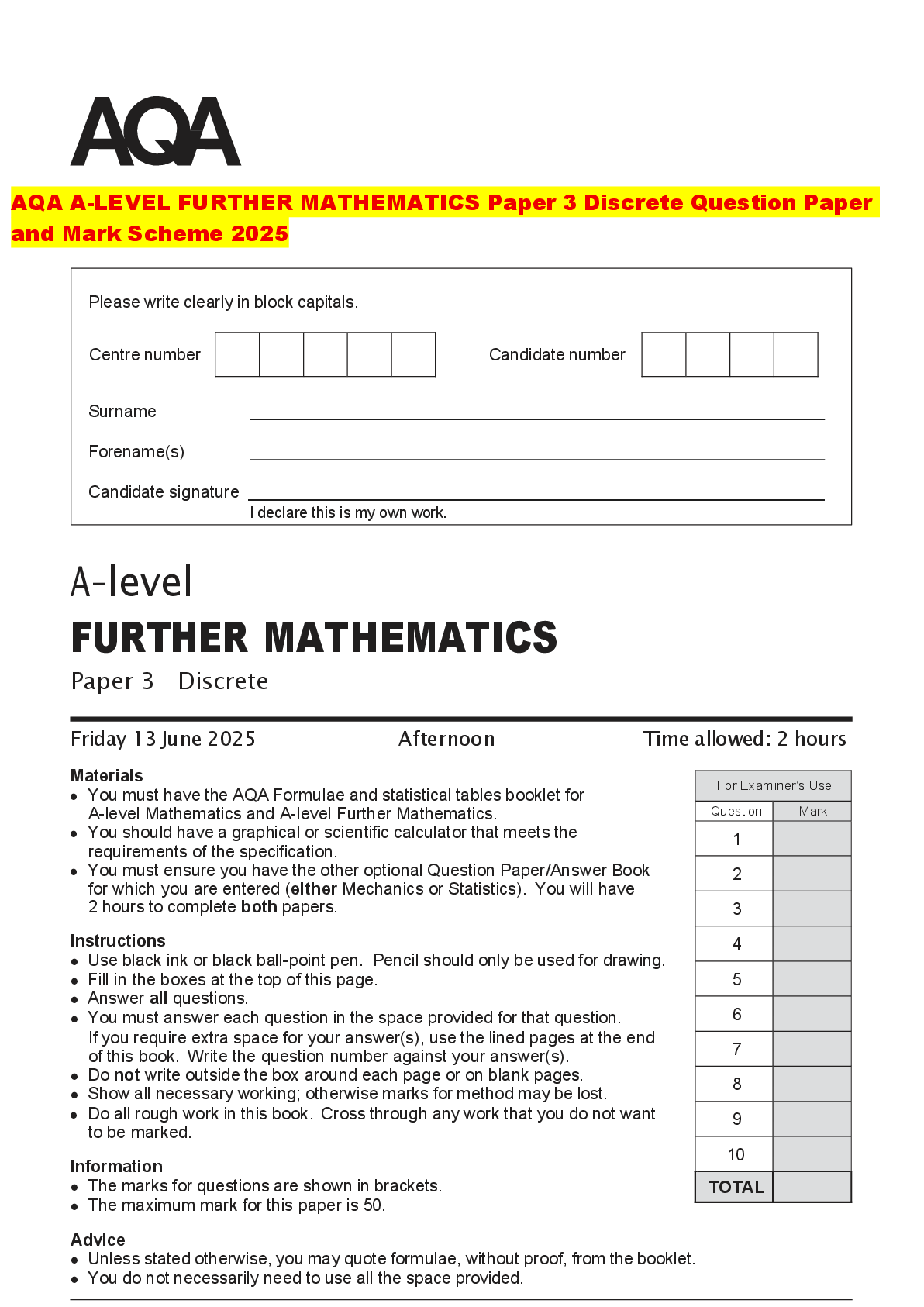 Preview of AQA A-LEVEL FURTHER MATHEMATICS Paper 3 Discrete Question Paper and Mark Scheme 2025