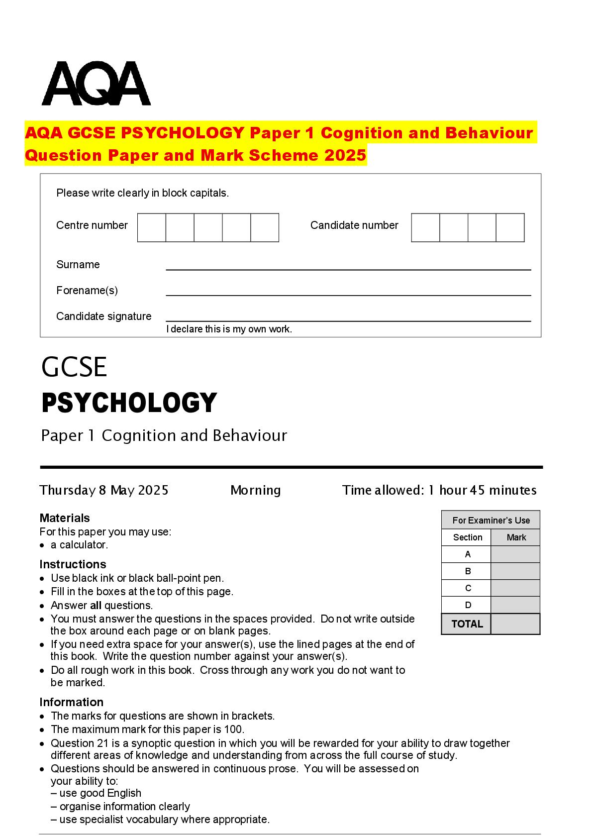 Recommended document preview for AQA GCSE PSYCHOLOGY Paper 1 Cognition and Behaviour Question Paper and Mark Scheme 2025
