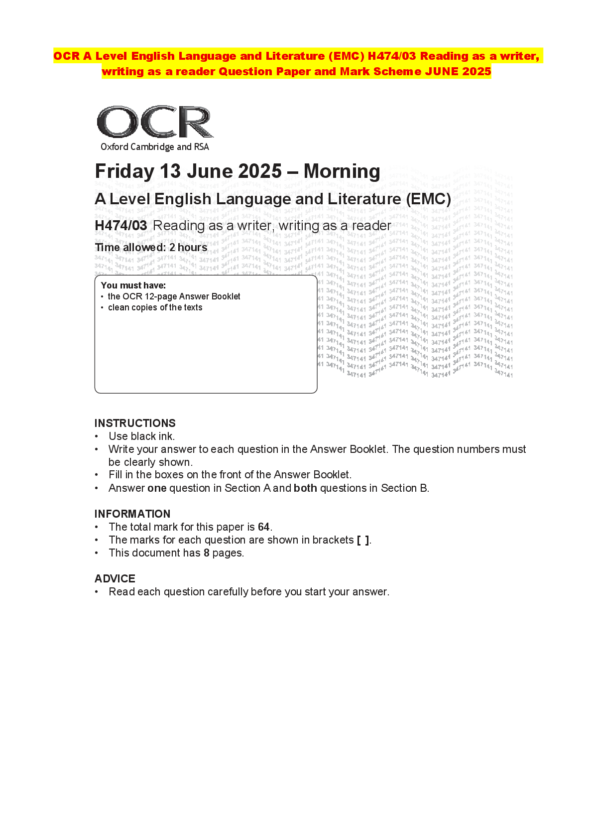 Recommended document preview for OCR A Level English Language and Literature (EMC) H474/03 Reading as a writer, writing as a reader Question Paper and Mark Scheme JUNE 2025