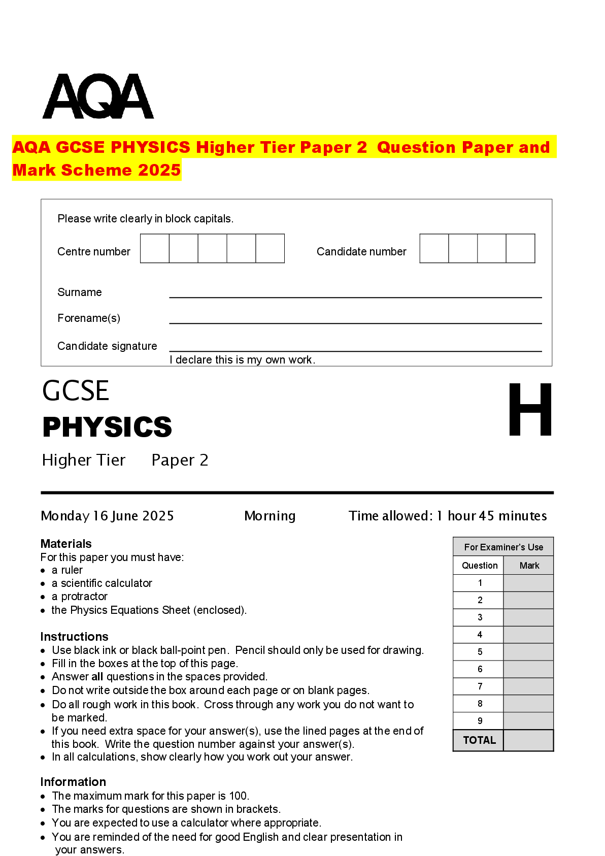 Recommended document preview for AQA GCSE PHYSICS Higher Tier Paper 2 Question Paper and Mark Scheme 2025