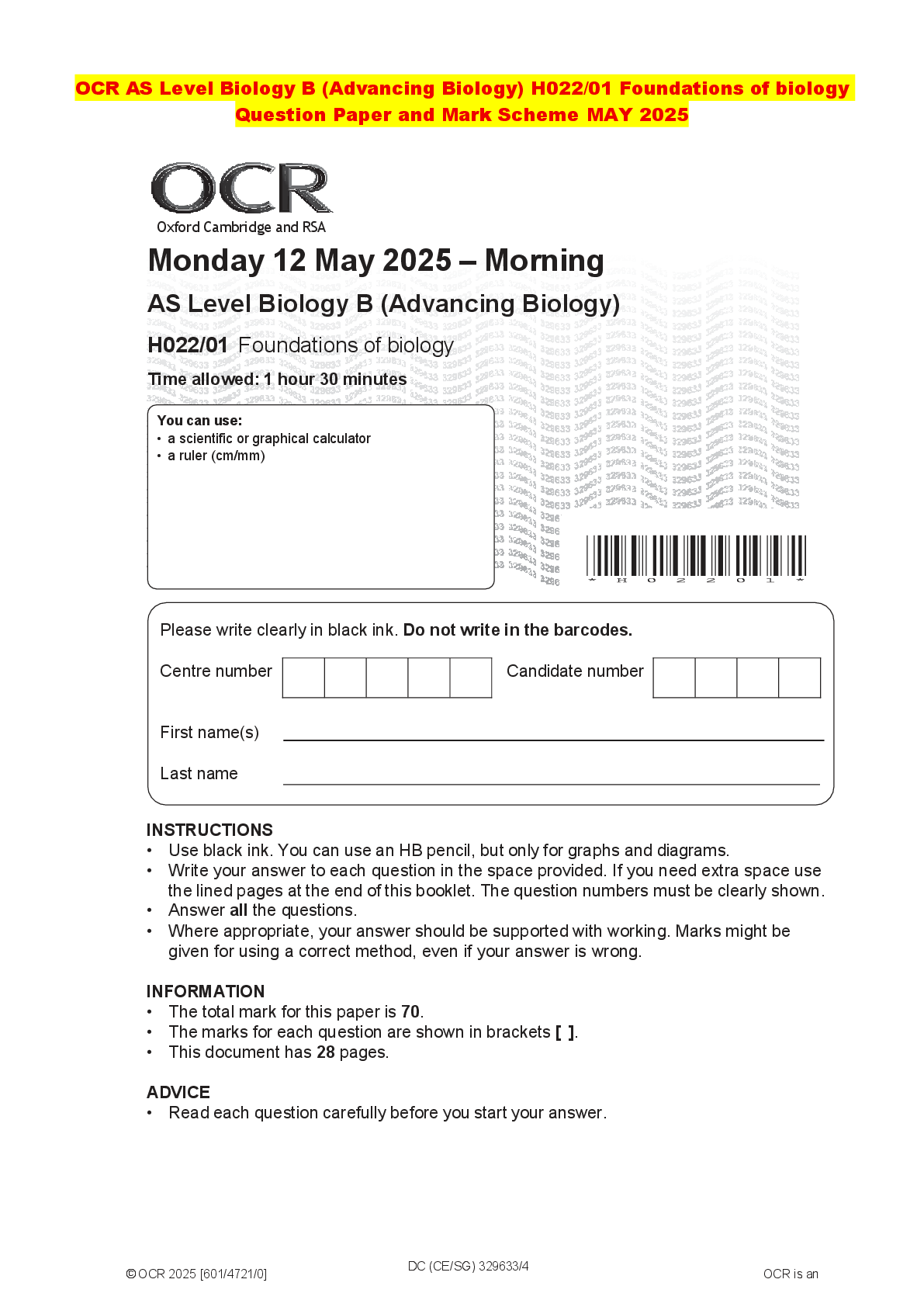 Recommended document preview for OCR AS Level Biology B (Advancing Biology) H022/01 Foundations of biology Question Paper and Mark Scheme MAY 2025