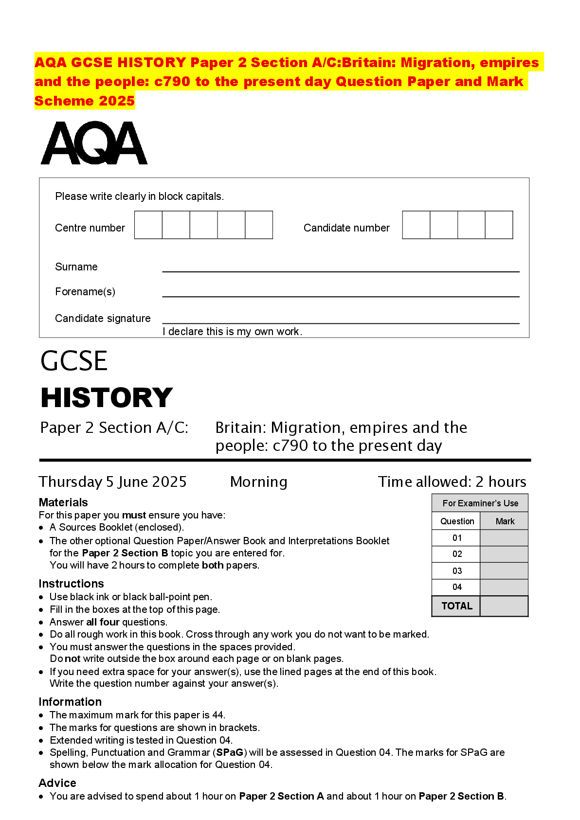 Preview of AQA GCSE HISTORY Paper 2 Section A/C:Britain: Migration, empires and the people: c790 to t