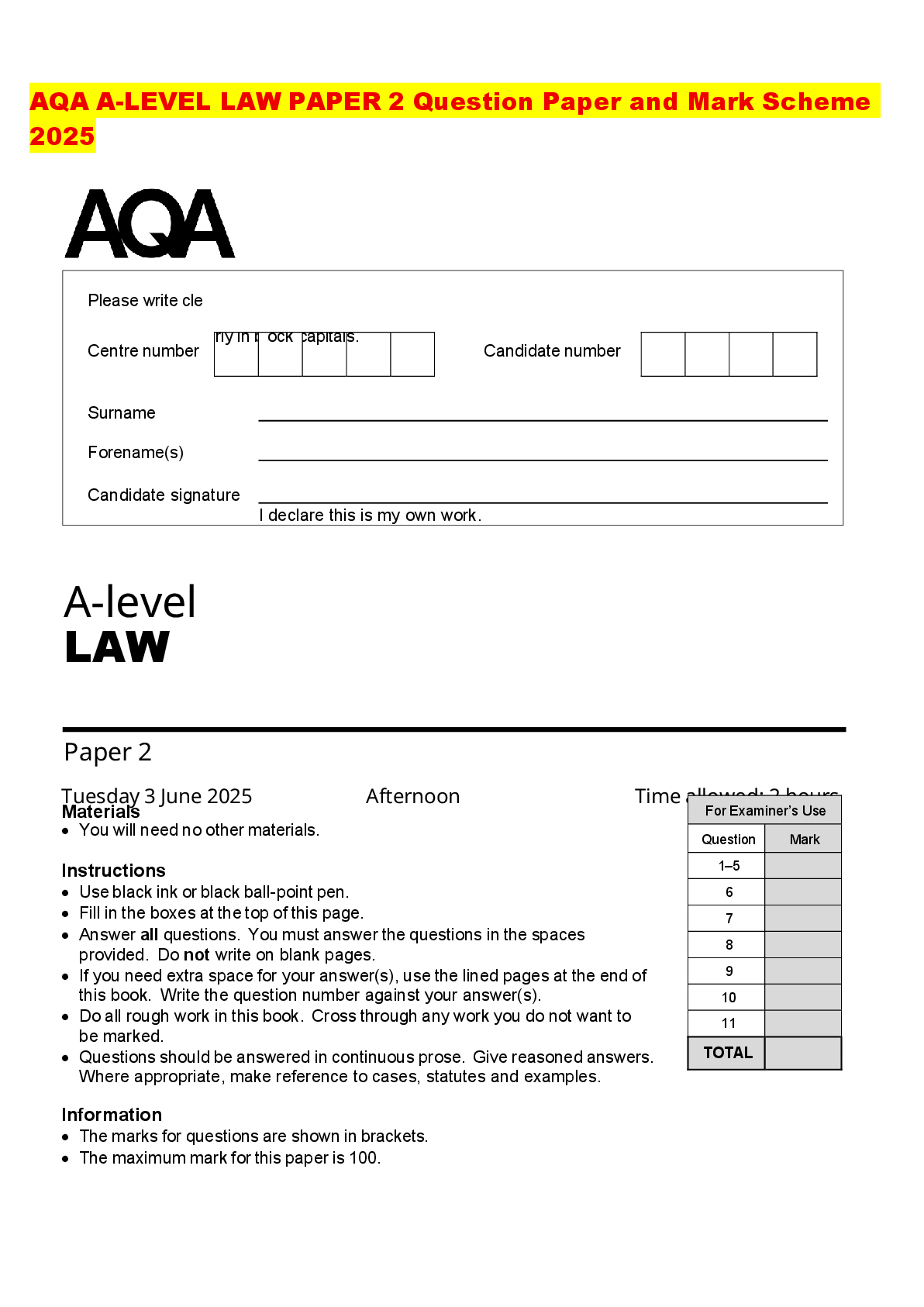 Recommended document preview for AQA A-LEVEL LAW PAPER 2 Question Paper and Mark Scheme 2025