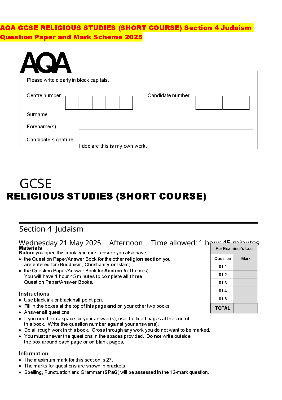 Recommended document preview for AQA GCSE RELIGIOUS STUDIES (SHORT COURSE) Section 4 Judaism Question Paper and Mark Scheme 2025