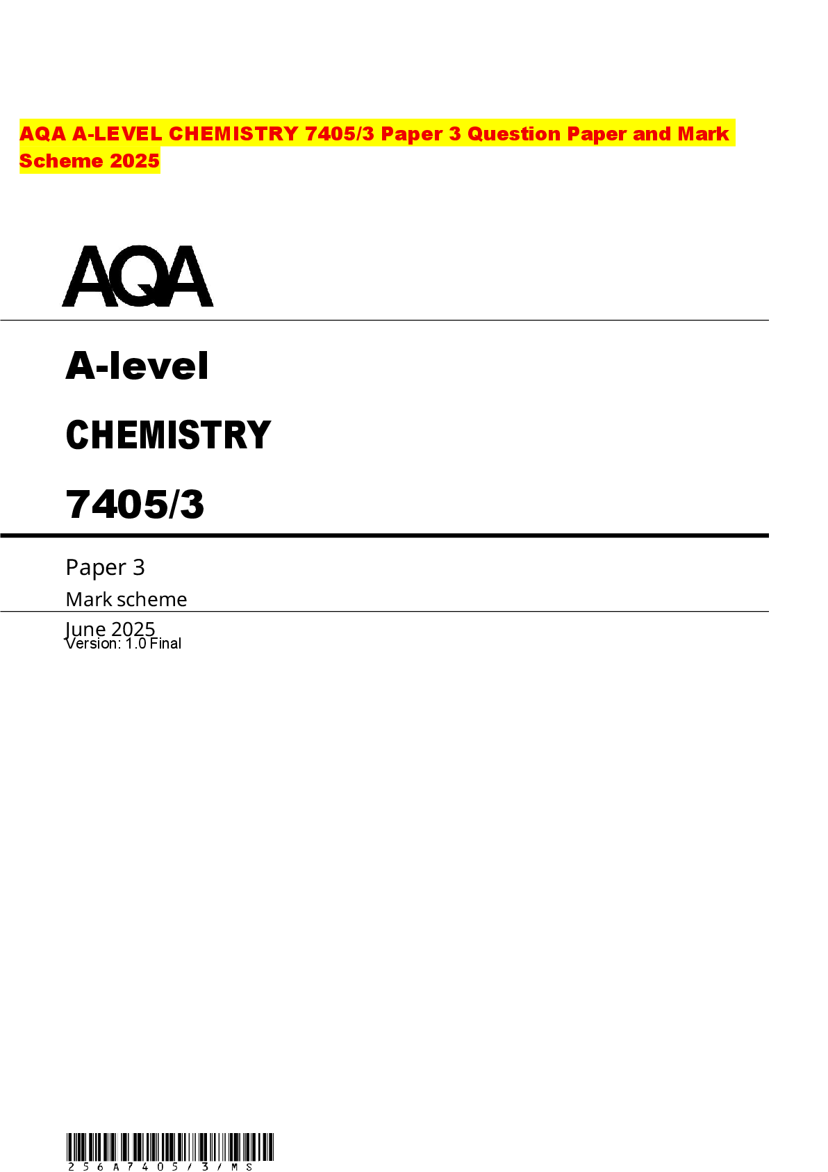 Recommended document preview for AQA A-LEVEL CHEMISTRY 7405/3 Paper 3 Question Paper and Mark Scheme 2025
